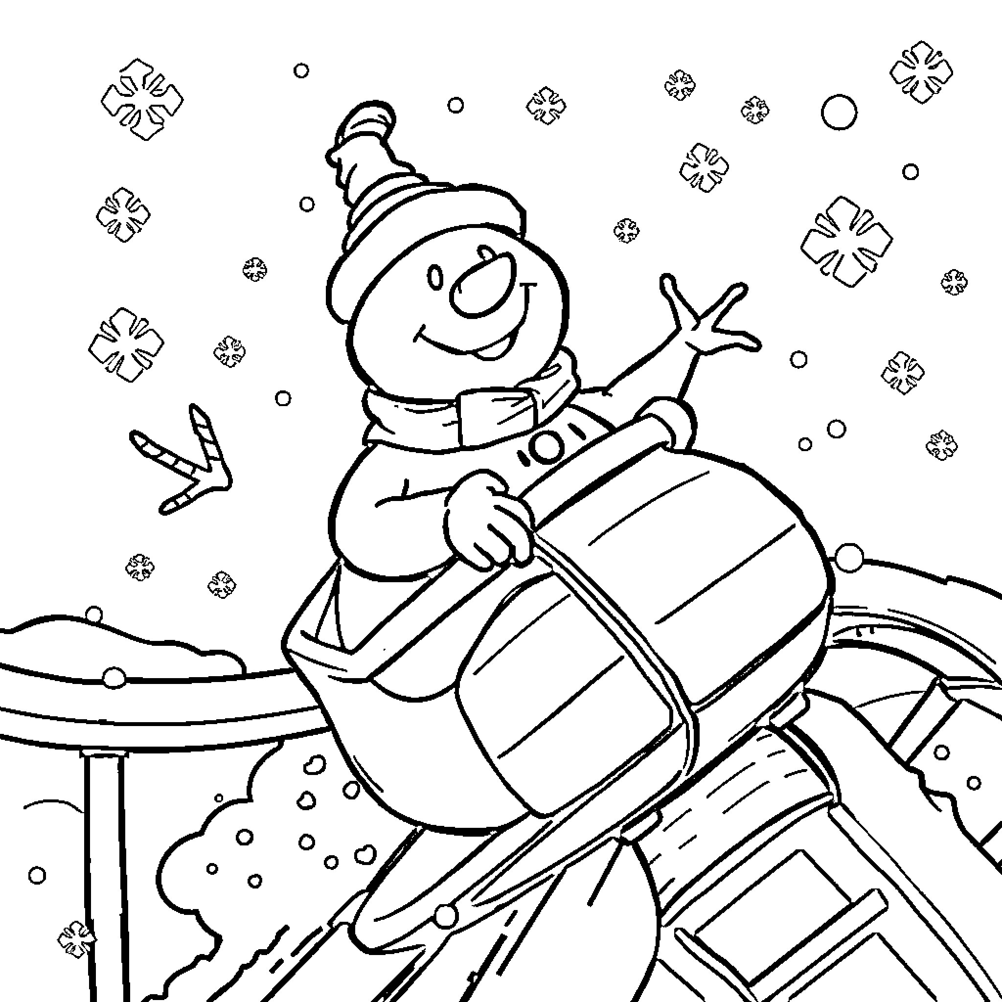 Snowman riding a snowmobile in snowy landscape Coloring Page (free black-and-white line drawing printable PDF for all, from beginners to advanced learners, including children, teens, adults, and seniors)