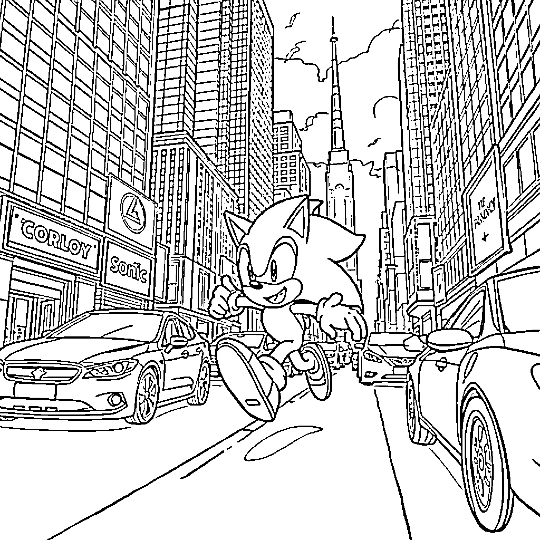 Sonic Exploring the Bustling City Streets Coloring Page (free black-and-white line drawing printable PDF for all, from beginners to advanced learners, including children, teens, adults, and seniors)