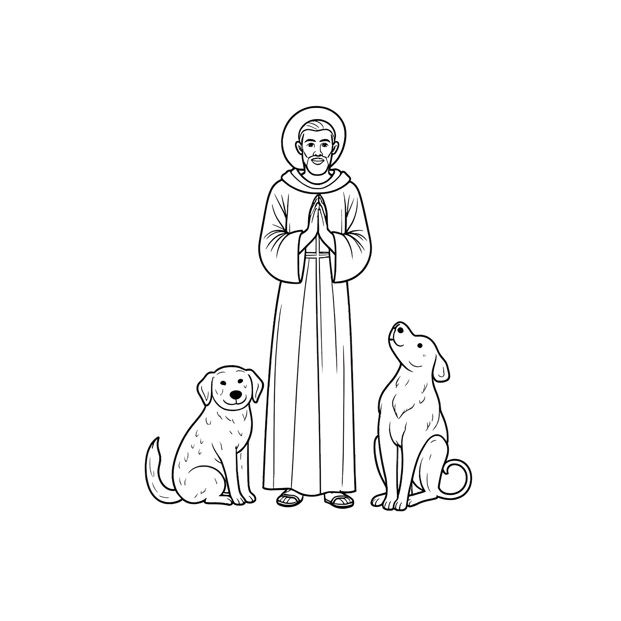 St. Francesco with Praying Pose and Companion Animals Coloring Page (free black-and-white line drawing printable PDF for all, from beginners to advanced learners, including children, teens, adults, and seniors)