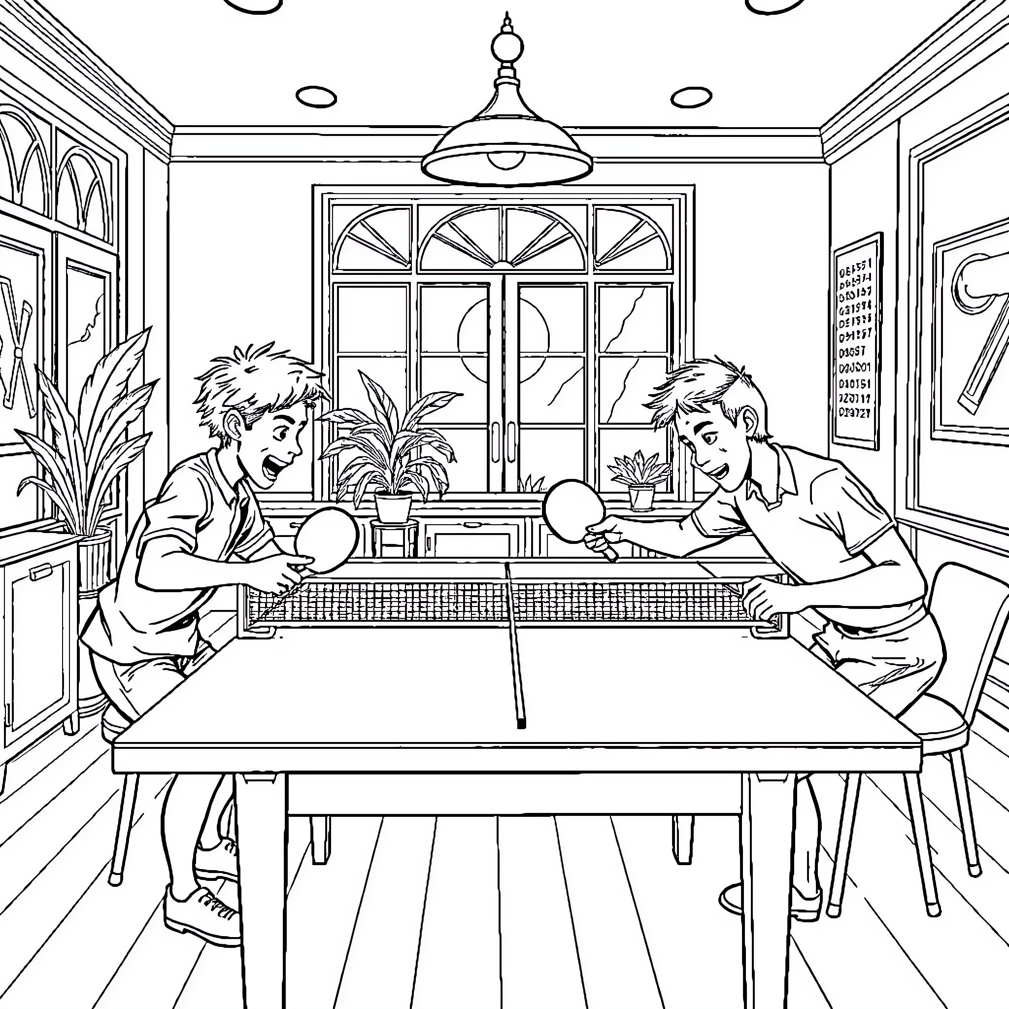 Brothers playing table tennis indoors Coloring Page (free black-and-white line drawing printable PDF for all, from beginners to advanced learners, including children, teens, adults, and seniors)