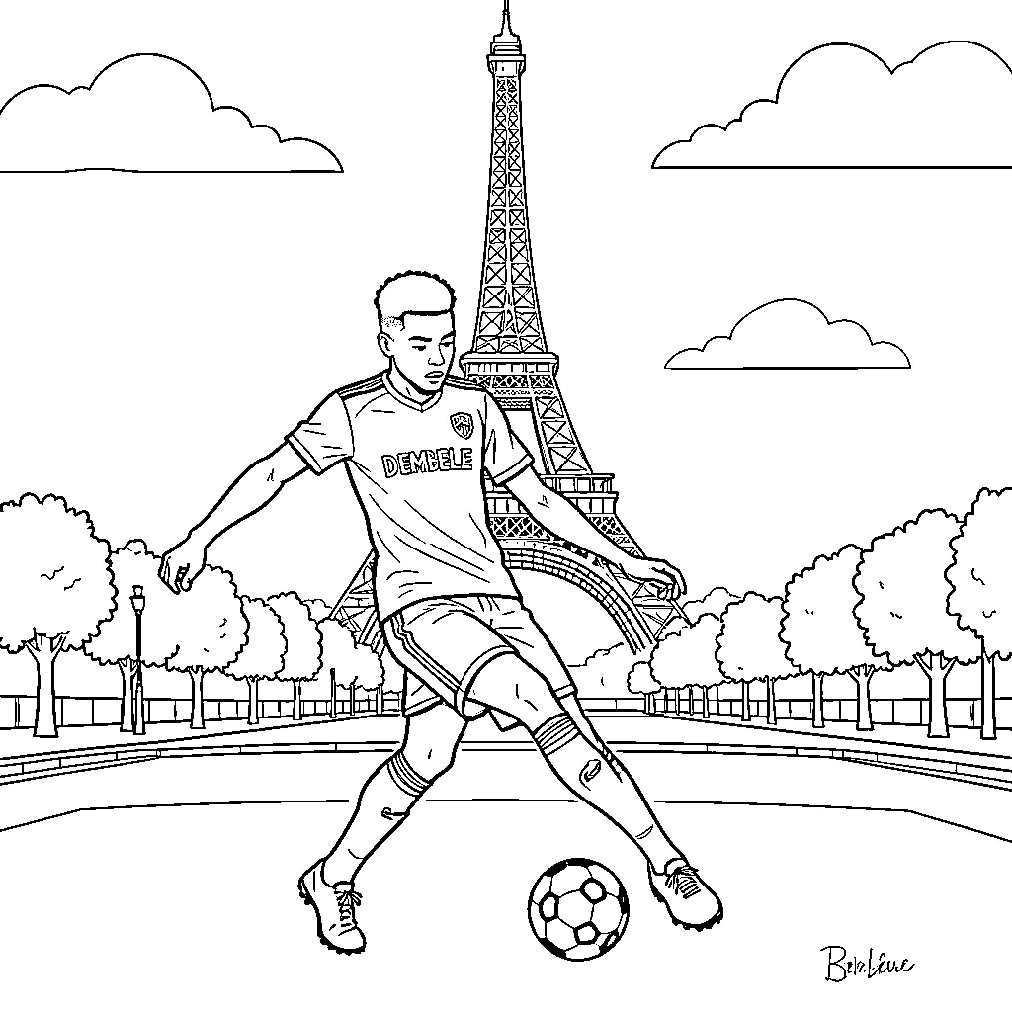 Dembélé dribbling a soccer ball in Paris Coloring Page (free black-and-white line drawing printable PDF for all, from beginners to advanced learners, including children, teens, adults, and seniors)