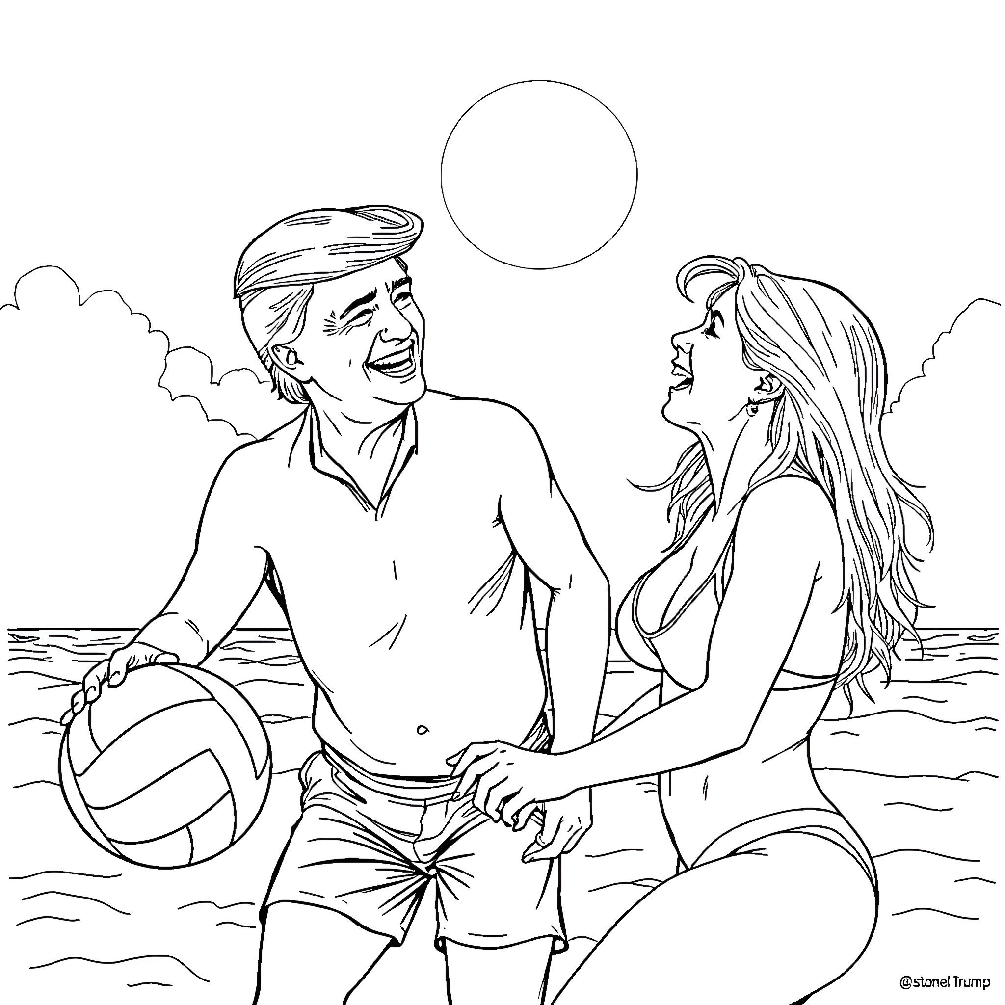 Pamela Anderson and companion enjoying beach volleyball Coloring Page (free black-and-white line drawing printable PDF for all, from beginners to advanced learners, including children, teens, adults, and seniors)