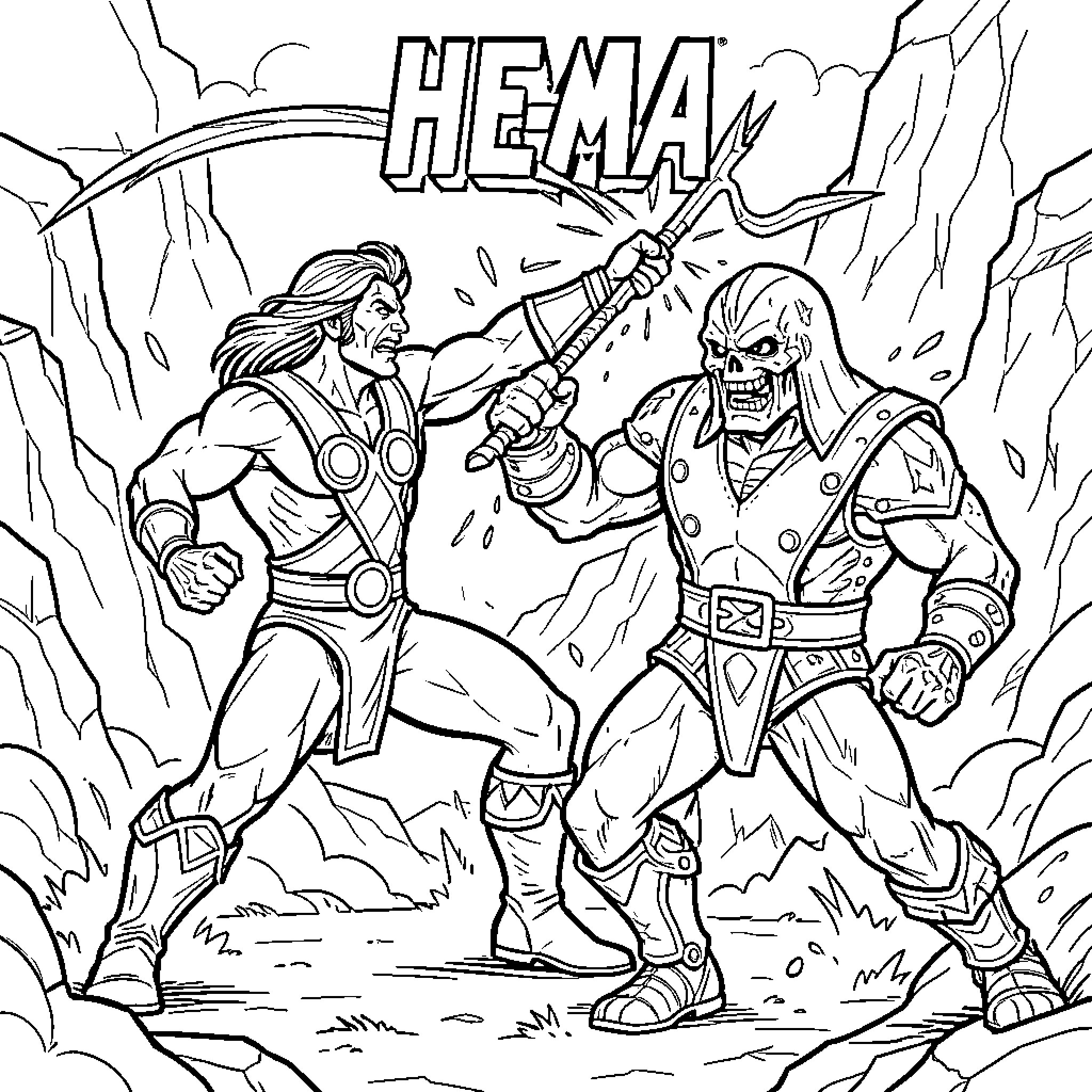 He-Man battling a skeletal warrior with a weapon Coloring Page (free black-and-white line drawing printable PDF for all, from beginners to advanced learners, including children, teens, adults, and seniors)