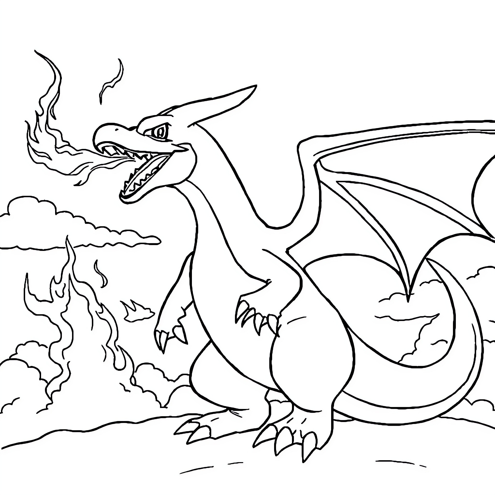 Charizard breathing flames in a cloudy sky Coloring Page (free black-and-white line drawing printable PDF for all, from beginners to advanced learners, including children, teens, adults, and seniors)