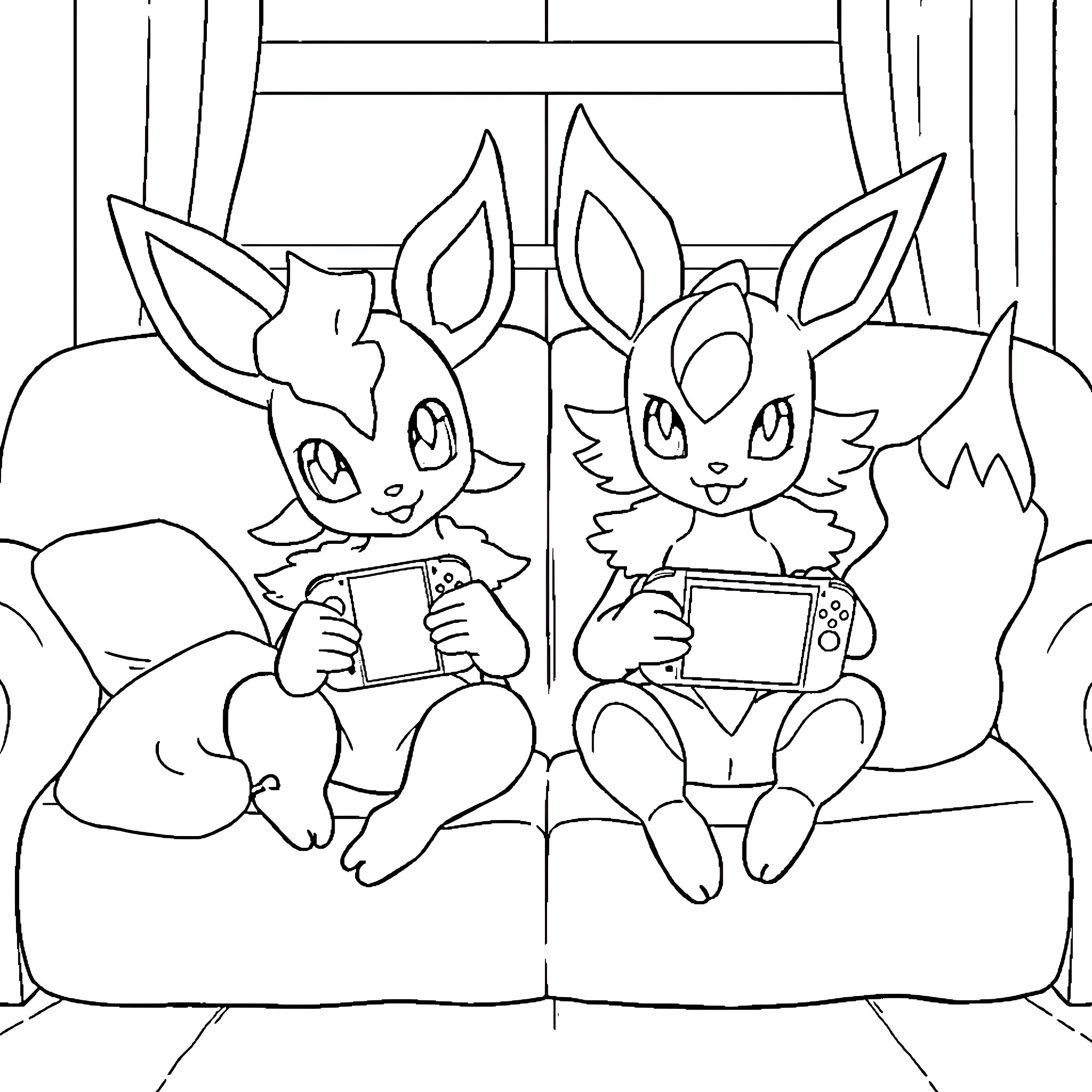Leafeon friends playing video games together Coloring Page (free black-and-white line drawing printable PDF for all, from beginners to advanced learners, including children, teens, adults, and seniors)