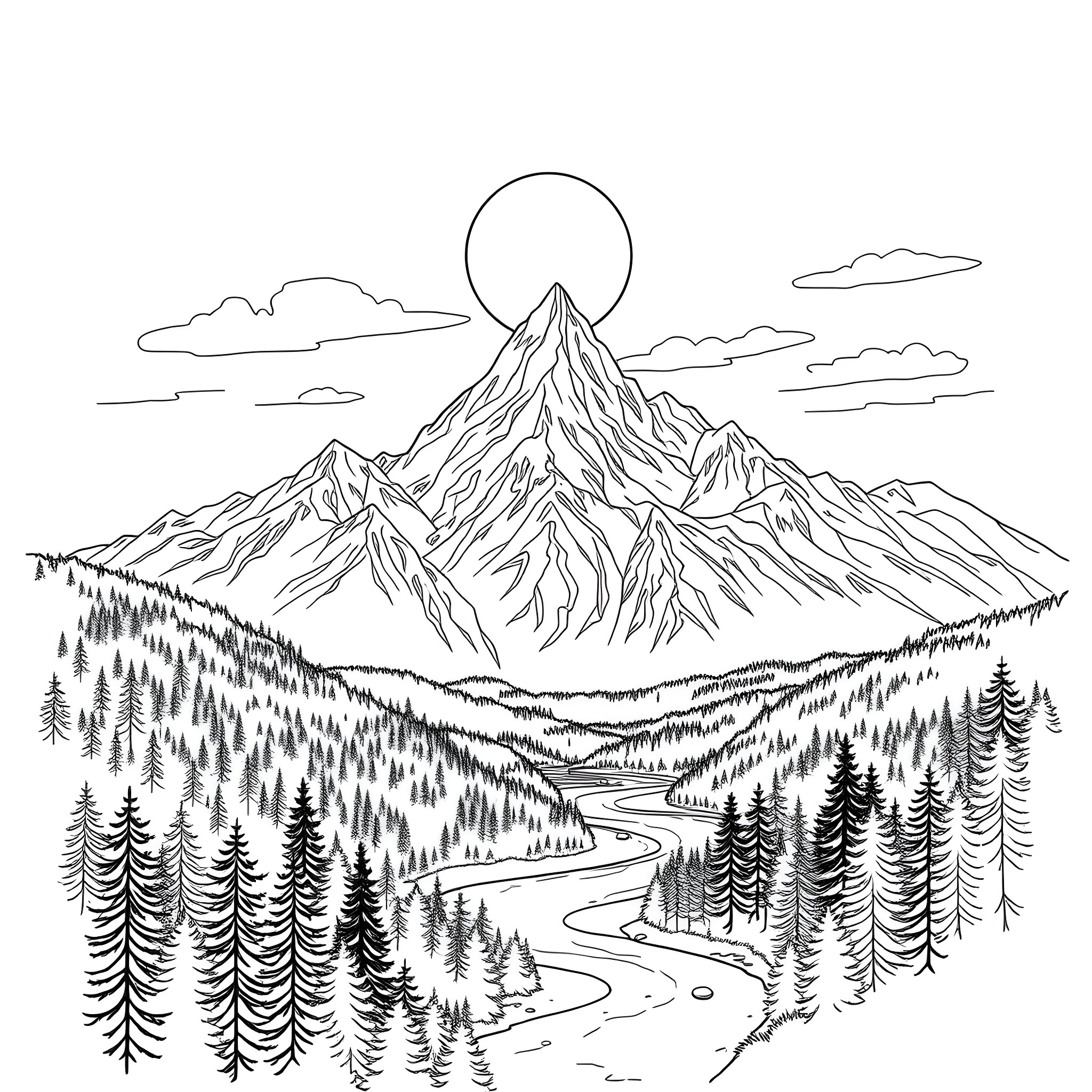 Mountain landscape with a winding path Coloring Page (free black-and-white line drawing printable PDF for all, from beginners to advanced learners, including children, teens, adults, and seniors)
