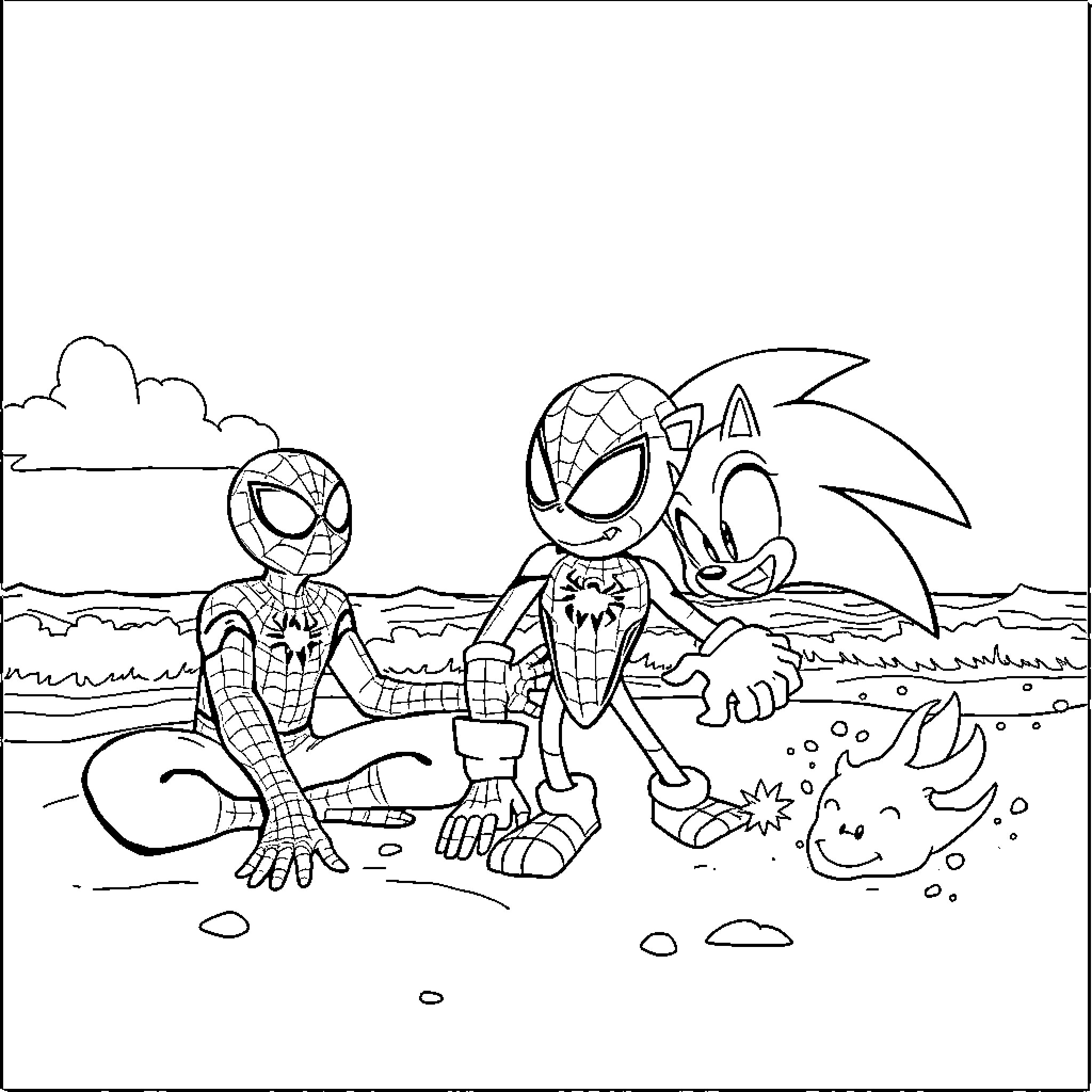 Spider-Man and Sonic adventure on the beach Coloring Page (free black-and-white line drawing printable PDF for all, from beginners to advanced learners, including children, teens, adults, and seniors)