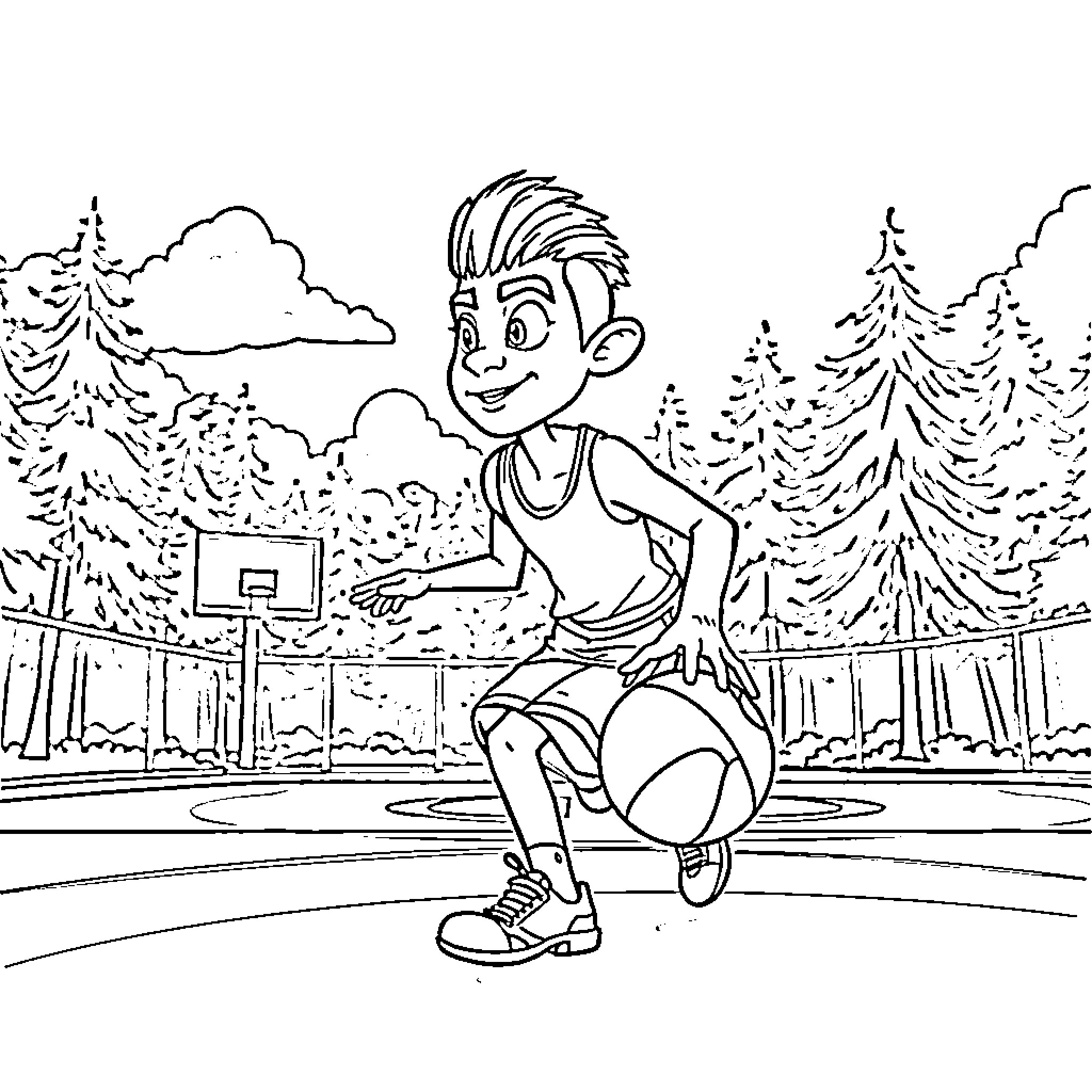 Avatar of a cheerful person playing basketball on the court Coloring Page (free black-and-white line drawing printable PDF for all, from beginners to advanced learners, including children, teens, adults, and seniors)