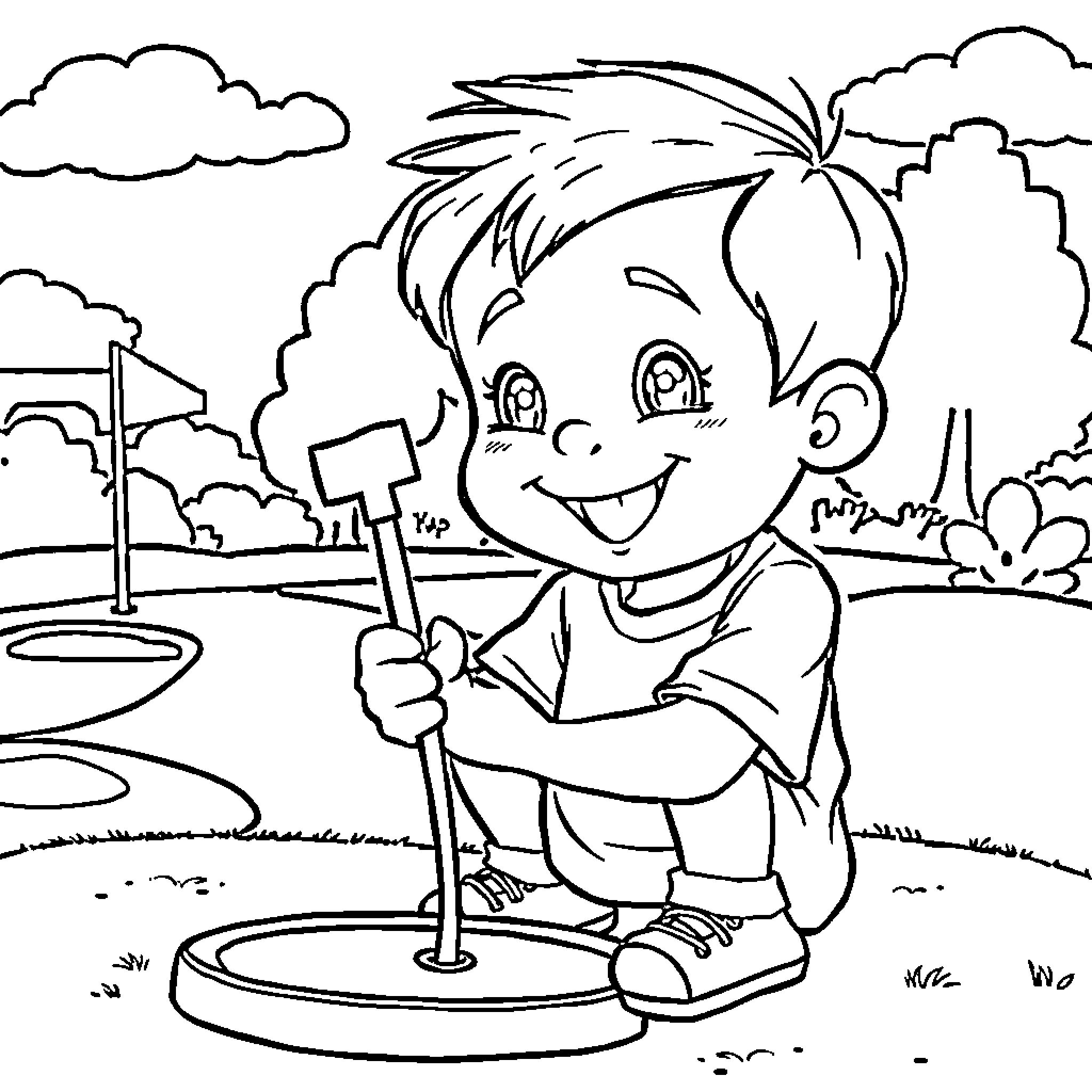 Boy happily playing mini golf on the course Coloring Page (free black-and-white line drawing printable PDF for all, from beginners to advanced learners, including children, teens, adults, and seniors)