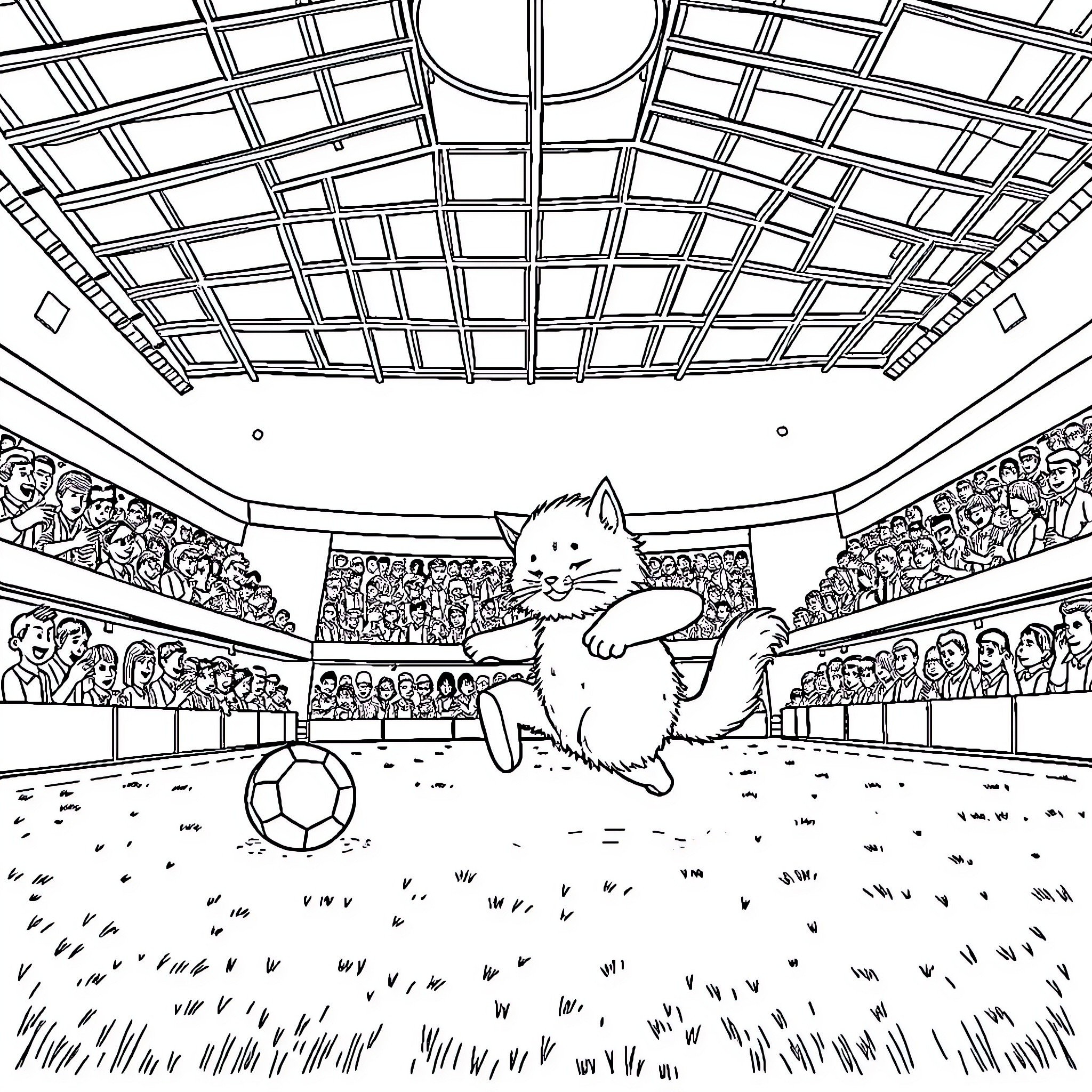 Cat playing soccer in a sports stadium Coloring Page (free black-and-white line drawing printable PDF for all, from beginners to advanced learners, including children, teens, adults, and seniors)
