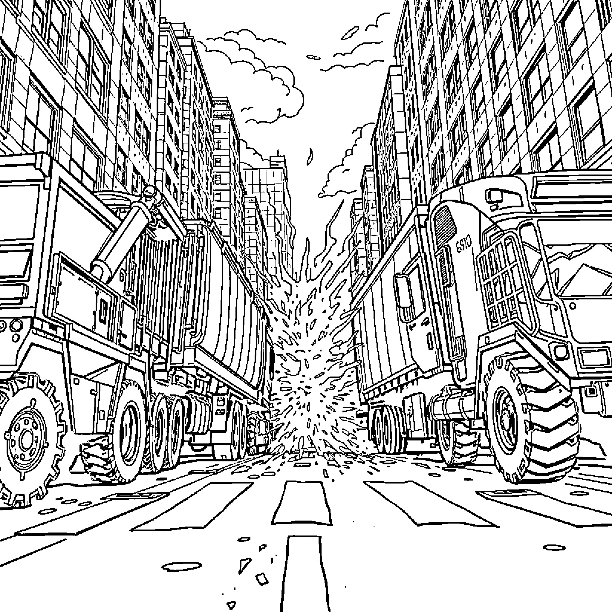 Garbage Trucks at Work in the City Streets Coloring Page (free black-and-white line drawing printable PDF for all, from beginners to advanced learners, including children, teens, adults, and seniors)