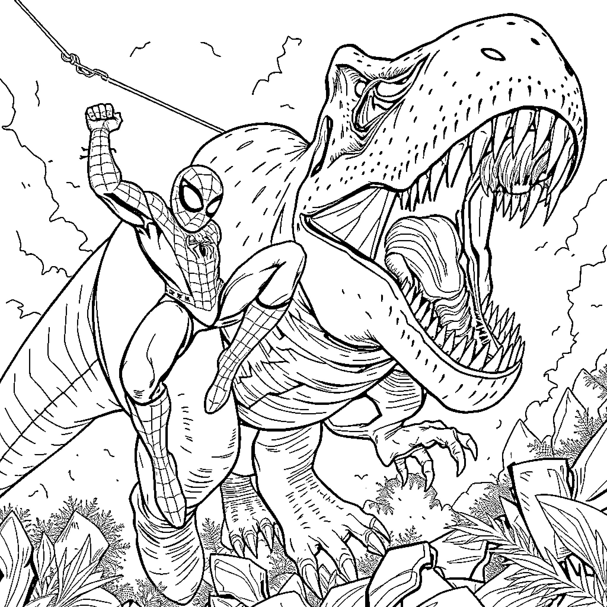 Spiderman swinging into action against a fierce dinosaur Coloring Page (free black-and-white line drawing printable PDF for all, from beginners to advanced learners, including children, teens, adults, and seniors)