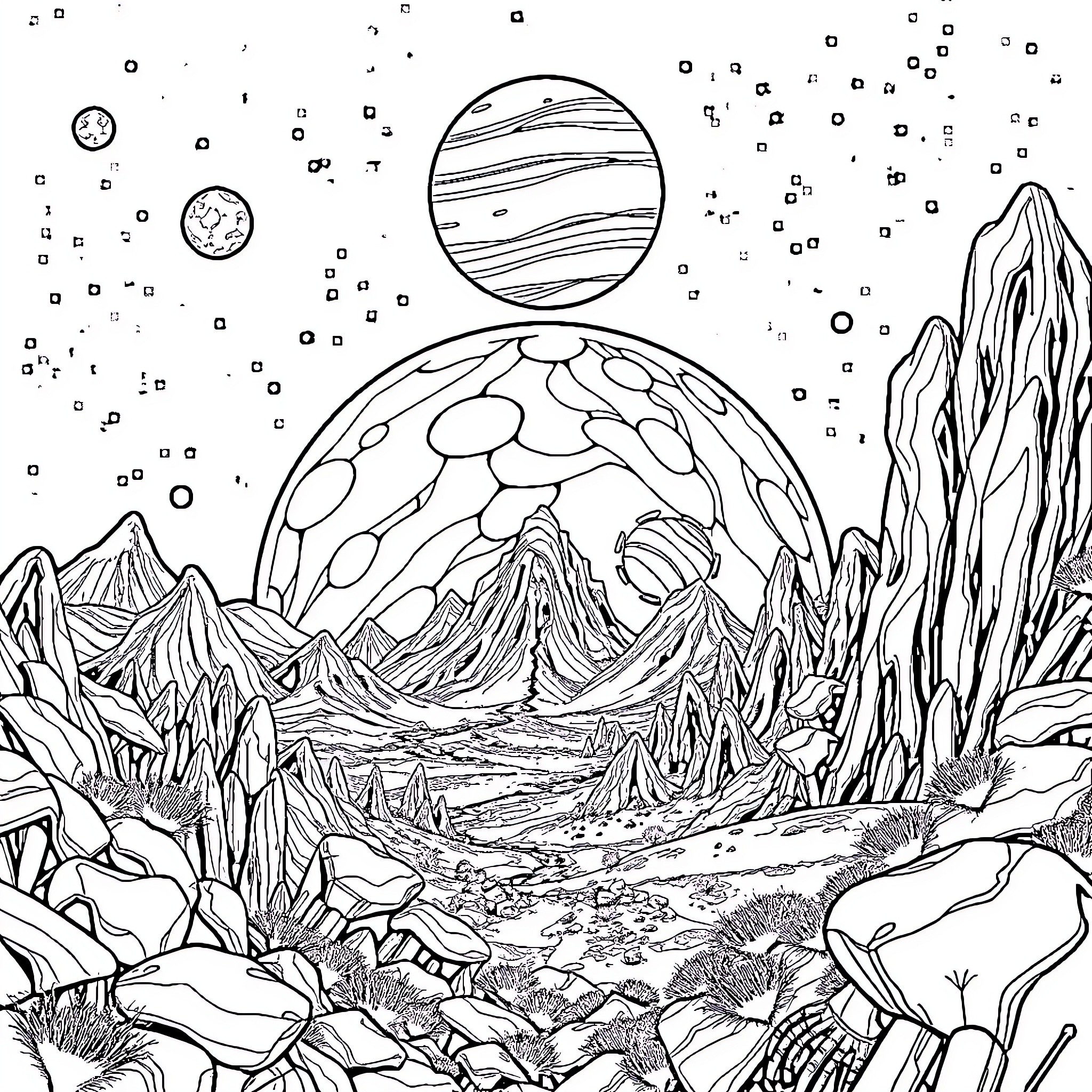Minos: Alien landscape with planets and mountainous terrain Coloring Page (free black-and-white line drawing printable PDF for all, from beginners to advanced learners, including children, teens, adults, and seniors)