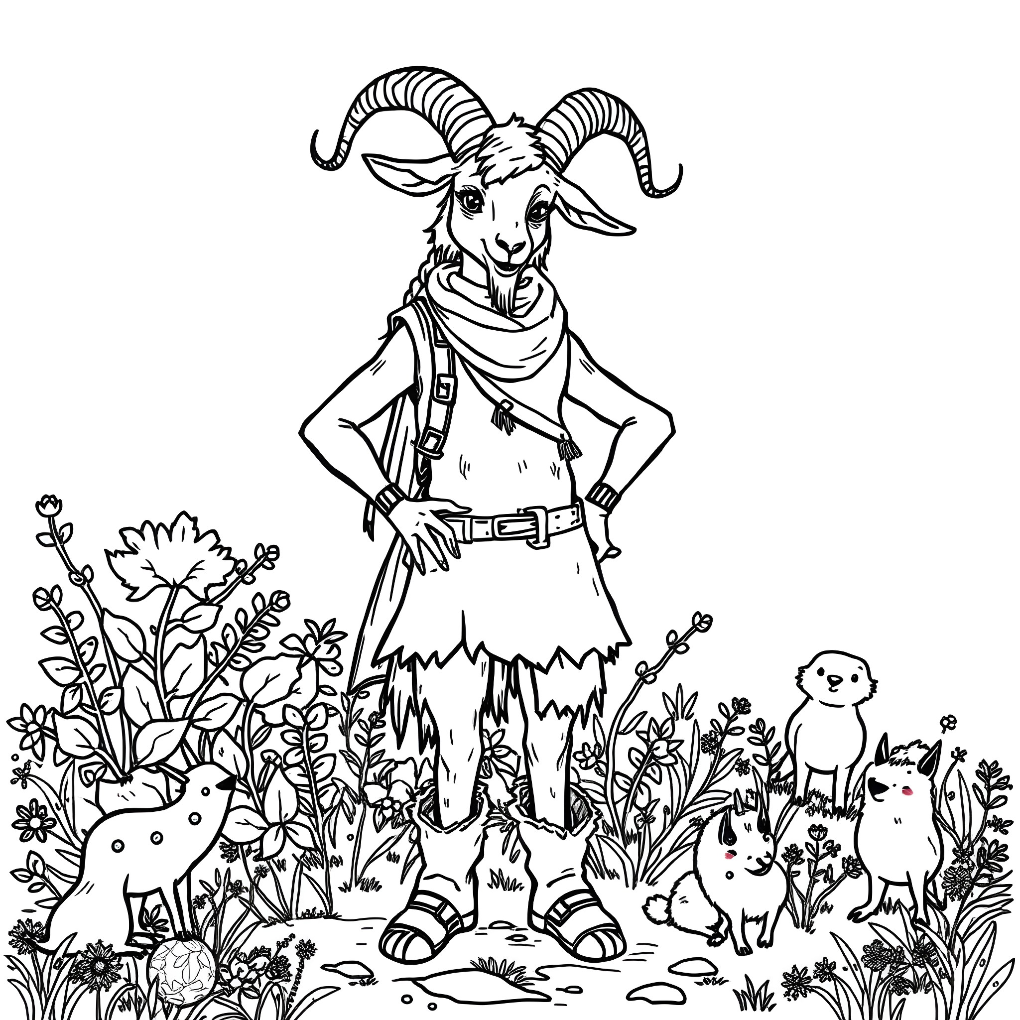Goat posing proudly in the lush garden Coloring Page (free black-and-white line drawing printable PDF for all, from beginners to advanced learners, including children, teens, adults, and seniors)