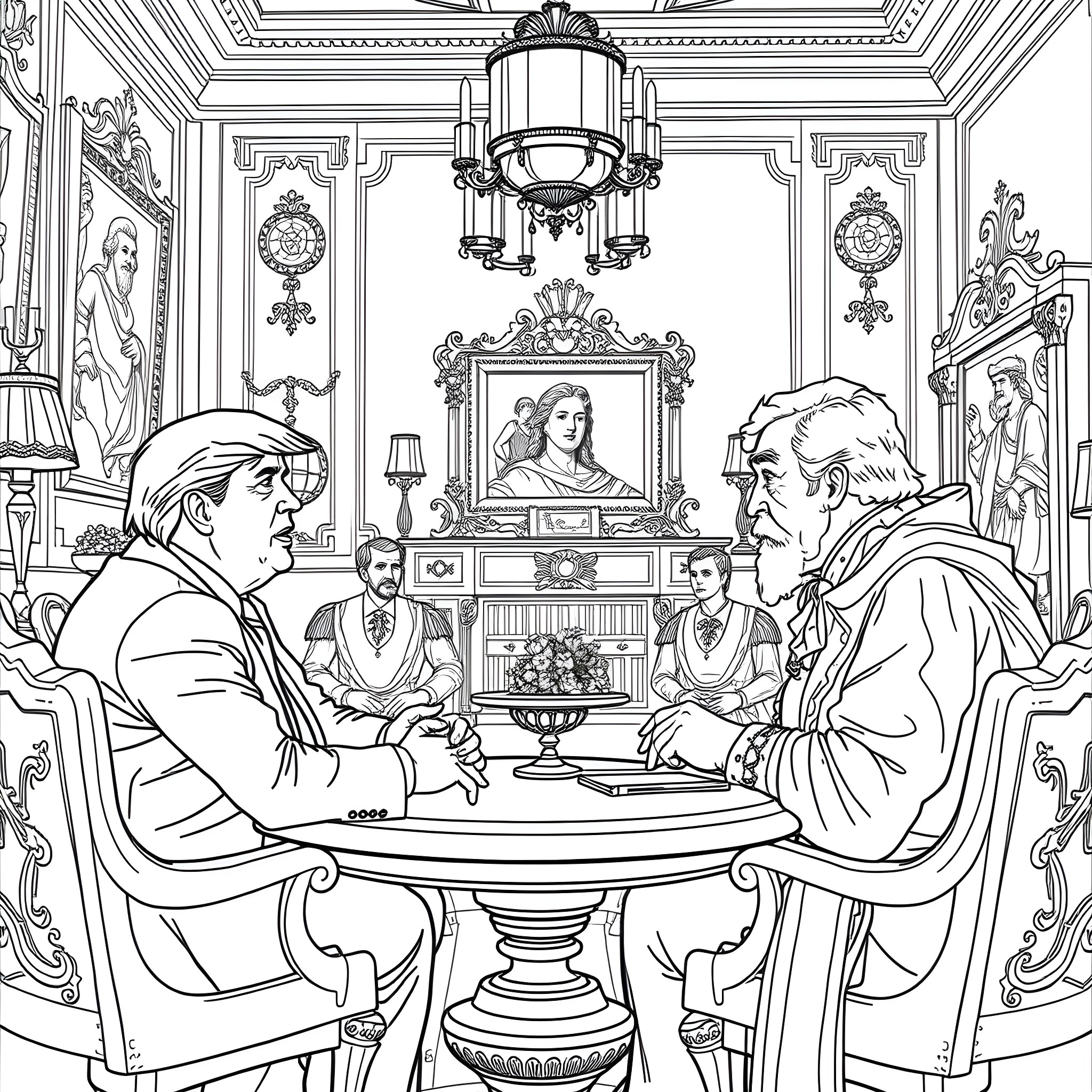 Donald Trump having a formal meeting in an elegant room Coloring Page (free black-and-white line drawing printable PDF for all, from beginners to advanced learners, including children, teens, adults, and seniors)