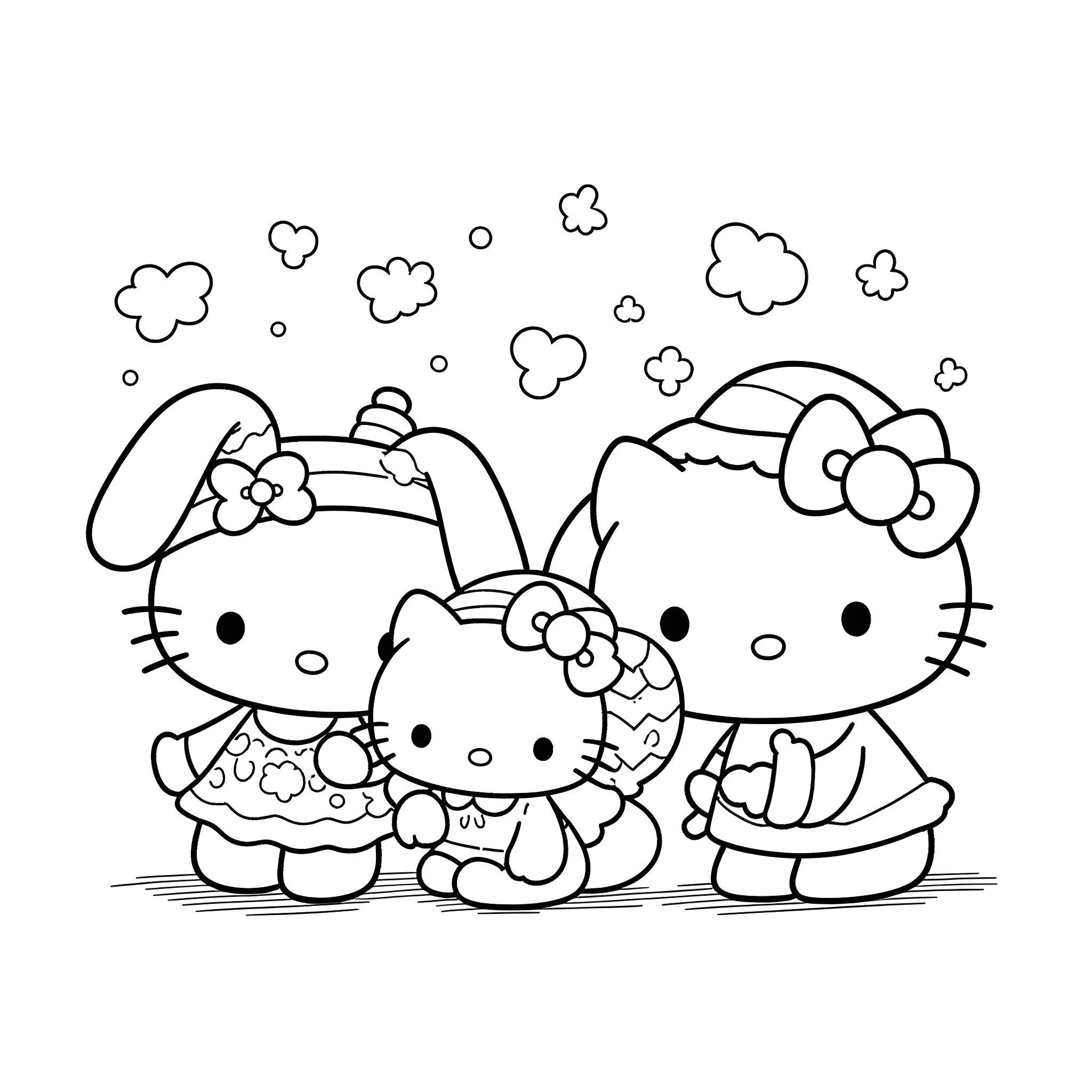 Sanrio characters in playful poses Coloring Page (free black-and-white line drawing printable PDF for all, from beginners to advanced learners, including children, teens, adults, and seniors)