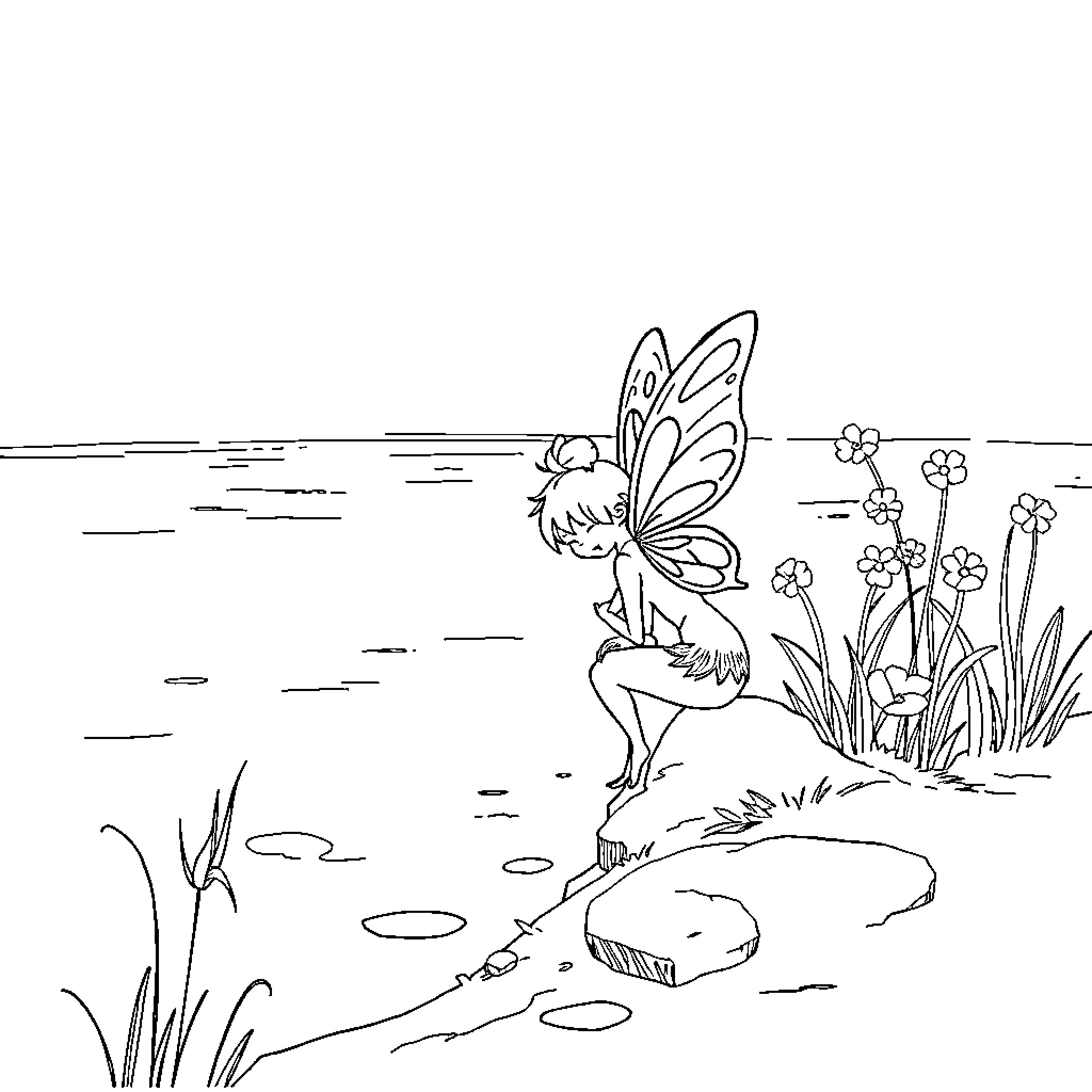 Fairy in a floral meadow Coloring Page (free black-and-white line drawing printable PDF for all, from beginners to advanced learners, including children, teens, adults, and seniors)