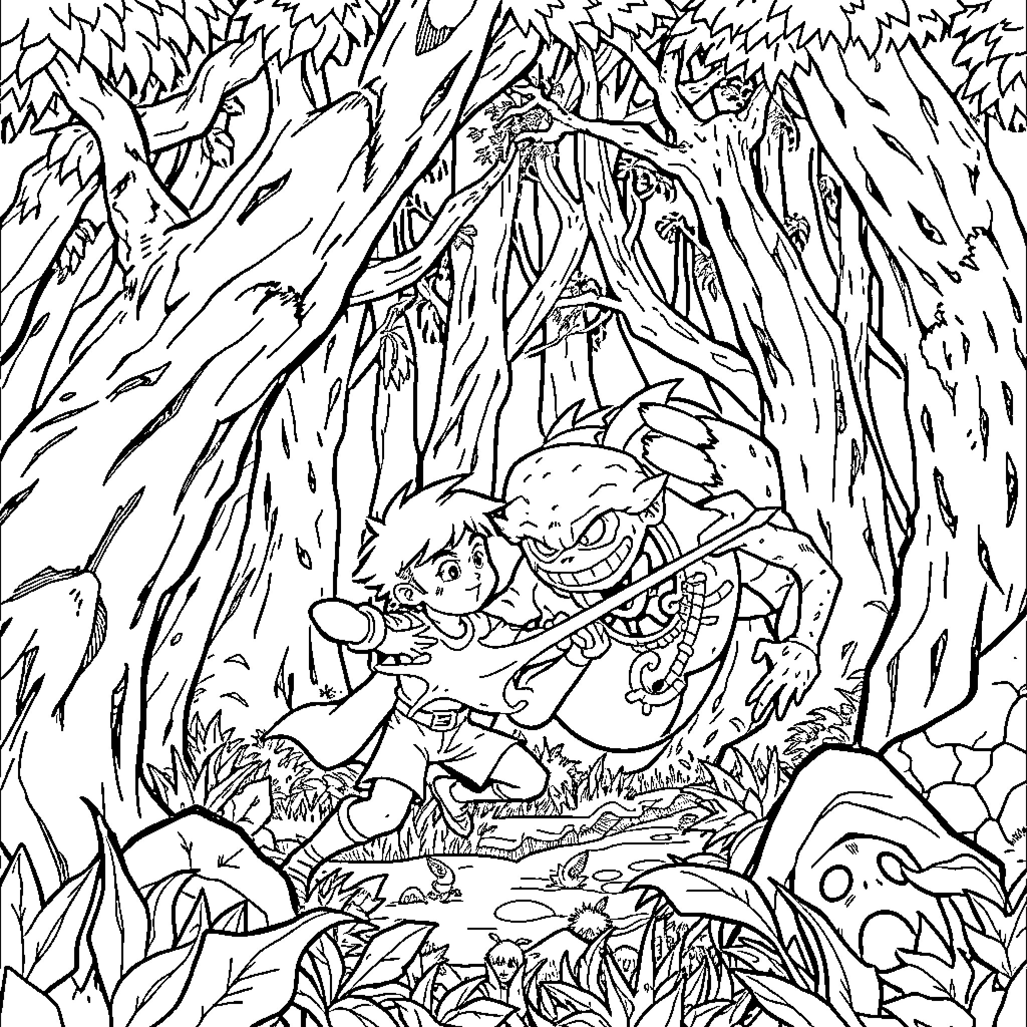 Boy explores magical forest with fantastical creatures Coloring Page (free black-and-white line drawing printable PDF for all, from beginners to advanced learners, including children, teens, adults, and seniors)