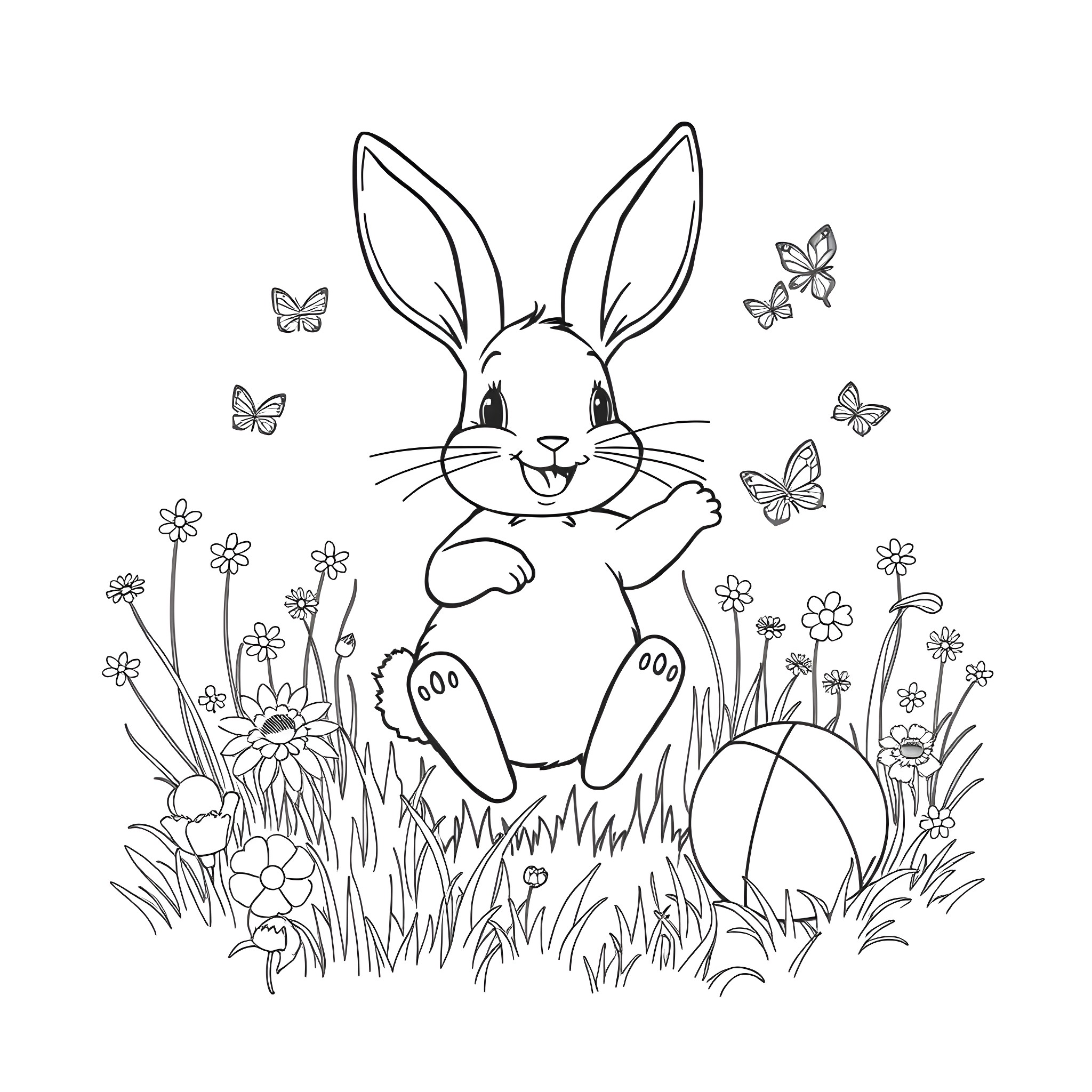 Rabbit playing in a floral meadow with butterflies Coloring Page (free black-and-white line drawing printable PDF for all, from beginners to advanced learners, including children, teens, adults, and seniors)