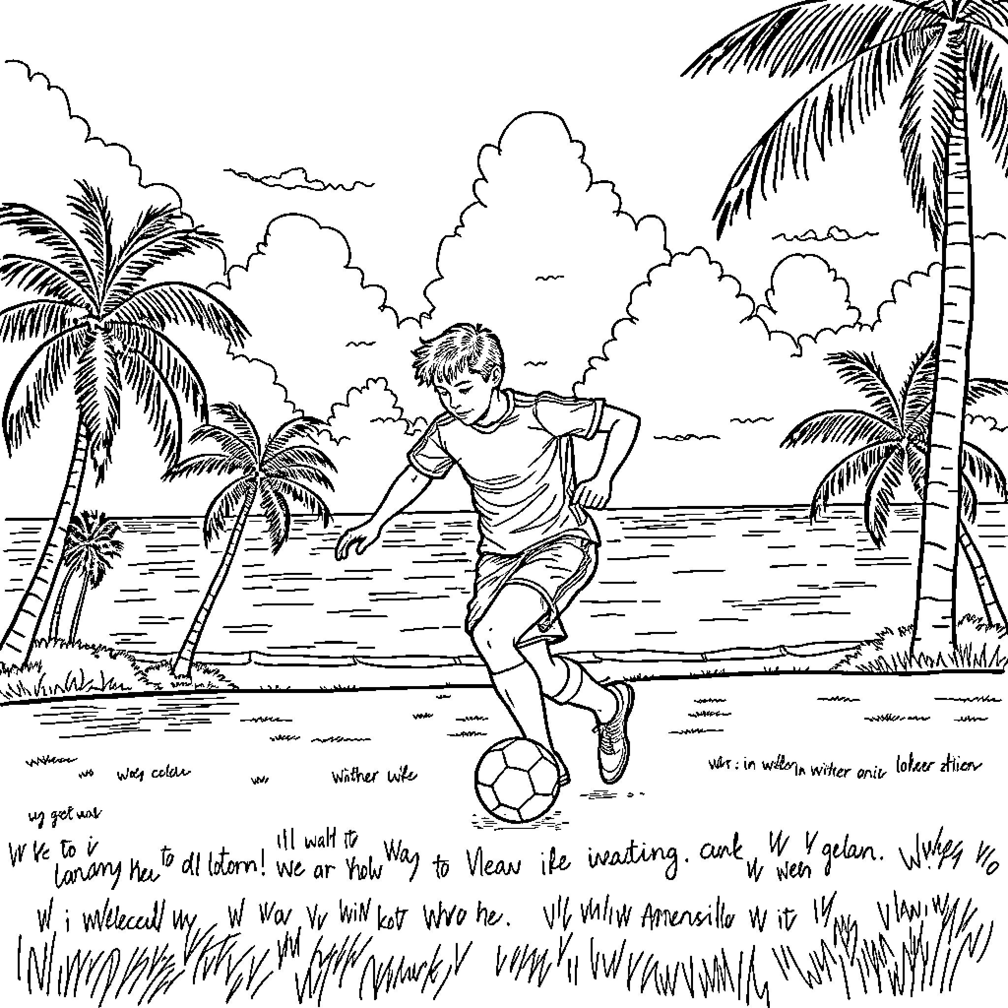 Cole Palmer playing soccer on a tropical beach Coloring Page (free black-and-white line drawing printable PDF for all, from beginners to advanced learners, including children, teens, adults, and seniors)