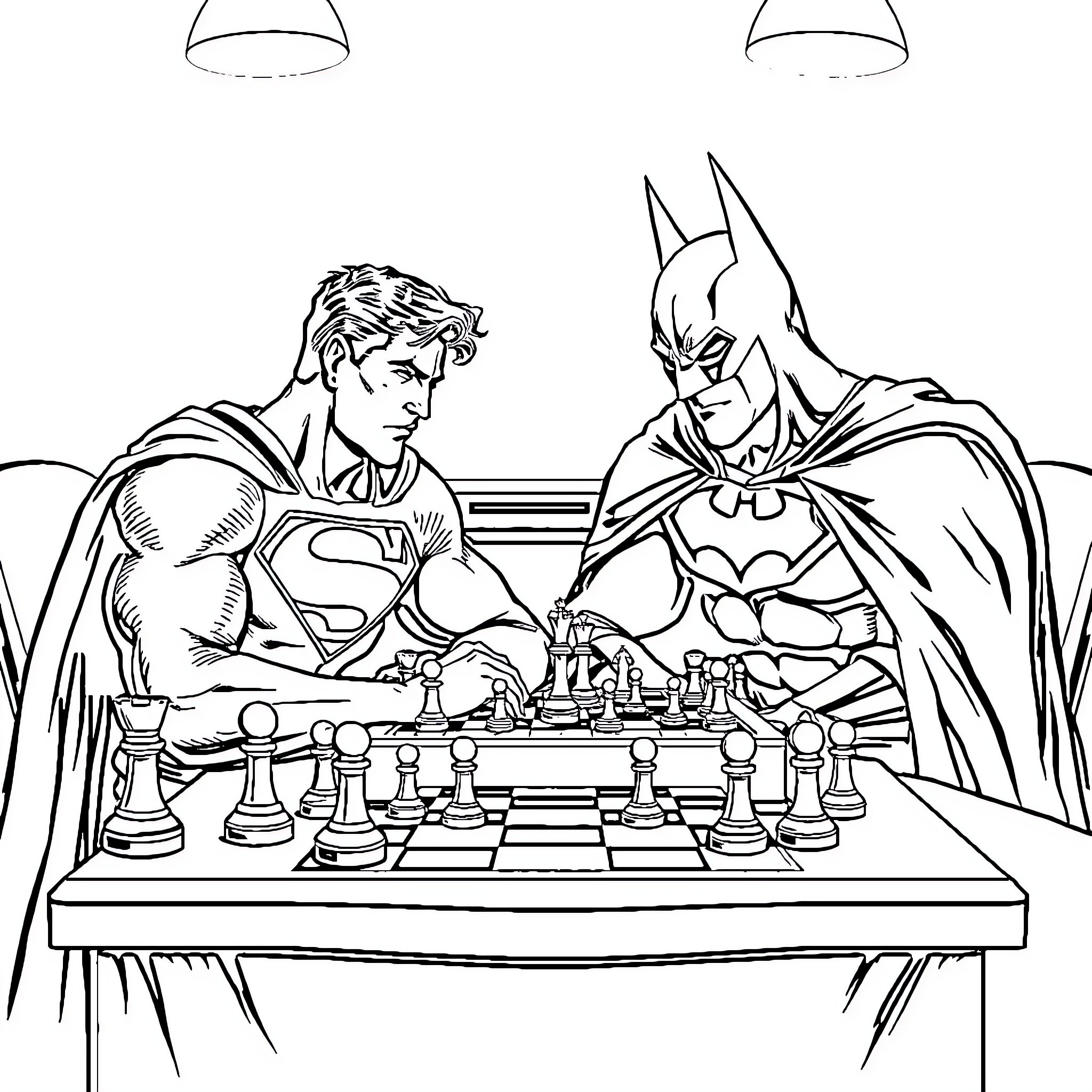 Superman and Batman playing chess in a dimly lit room Coloring Page (free black-and-white line drawing printable PDF for all, from beginners to advanced learners, including children, teens, adults, and seniors)
