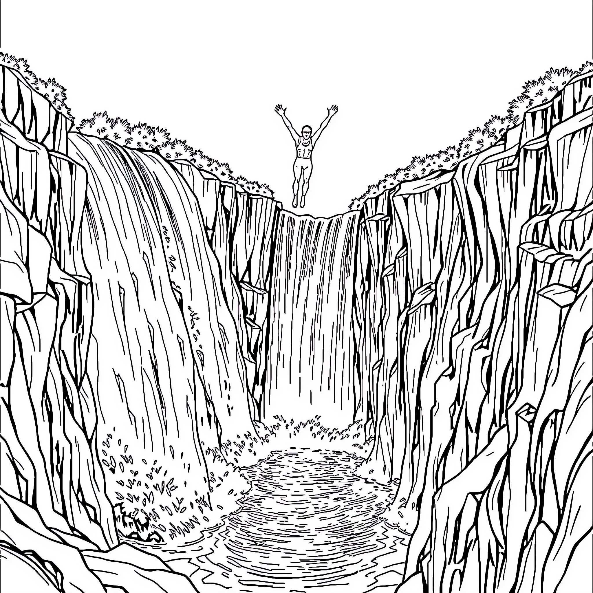 Diving into a Rugged Landscape Coloring Page (free black-and-white line drawing printable PDF for all, from beginners to advanced learners, including children, teens, adults, and seniors)