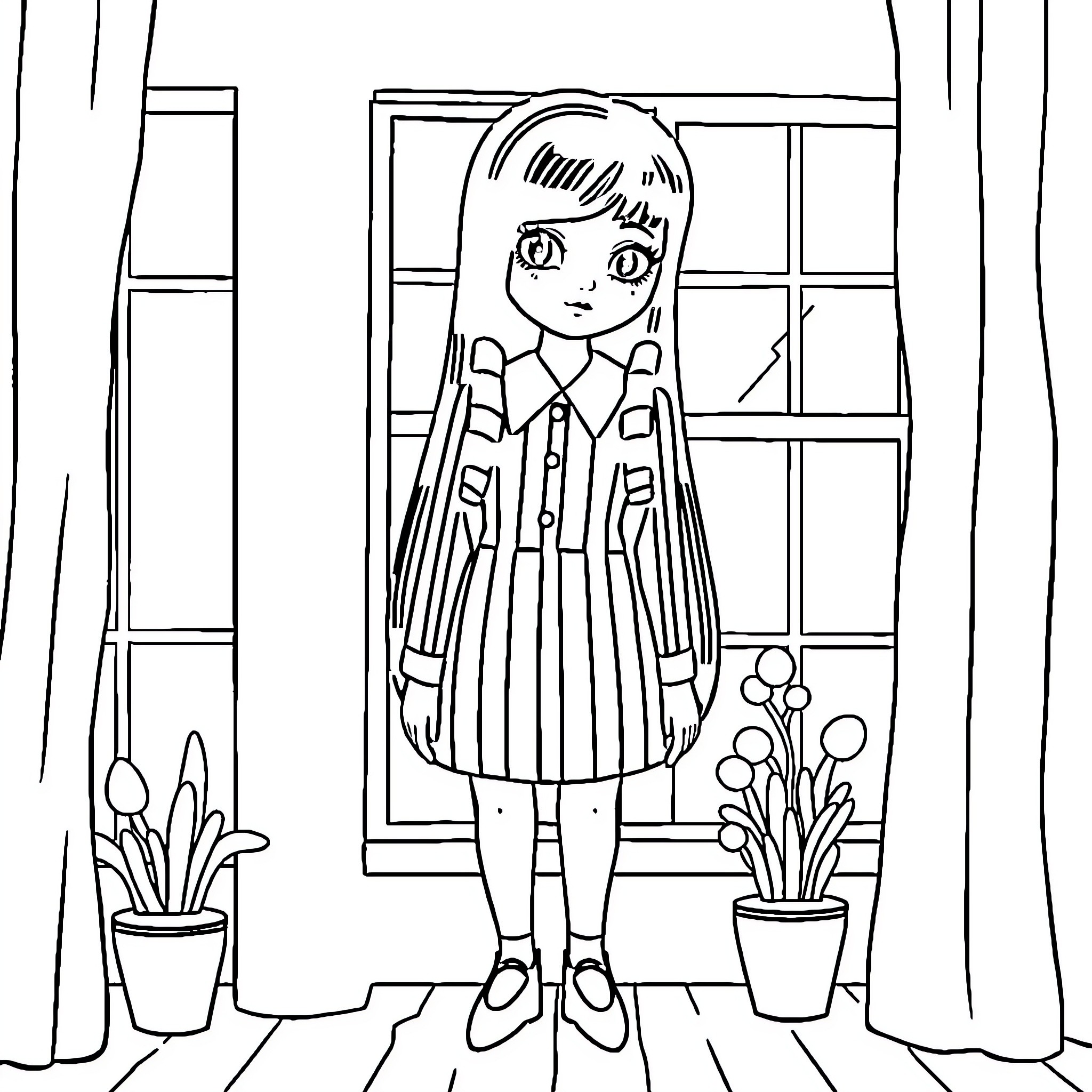 Wednesday Adams' Pensive Pose in Striped Dress Coloring Page (free black-and-white line drawing printable PDF for all, from beginners to advanced learners, including children, teens, adults, and seniors)