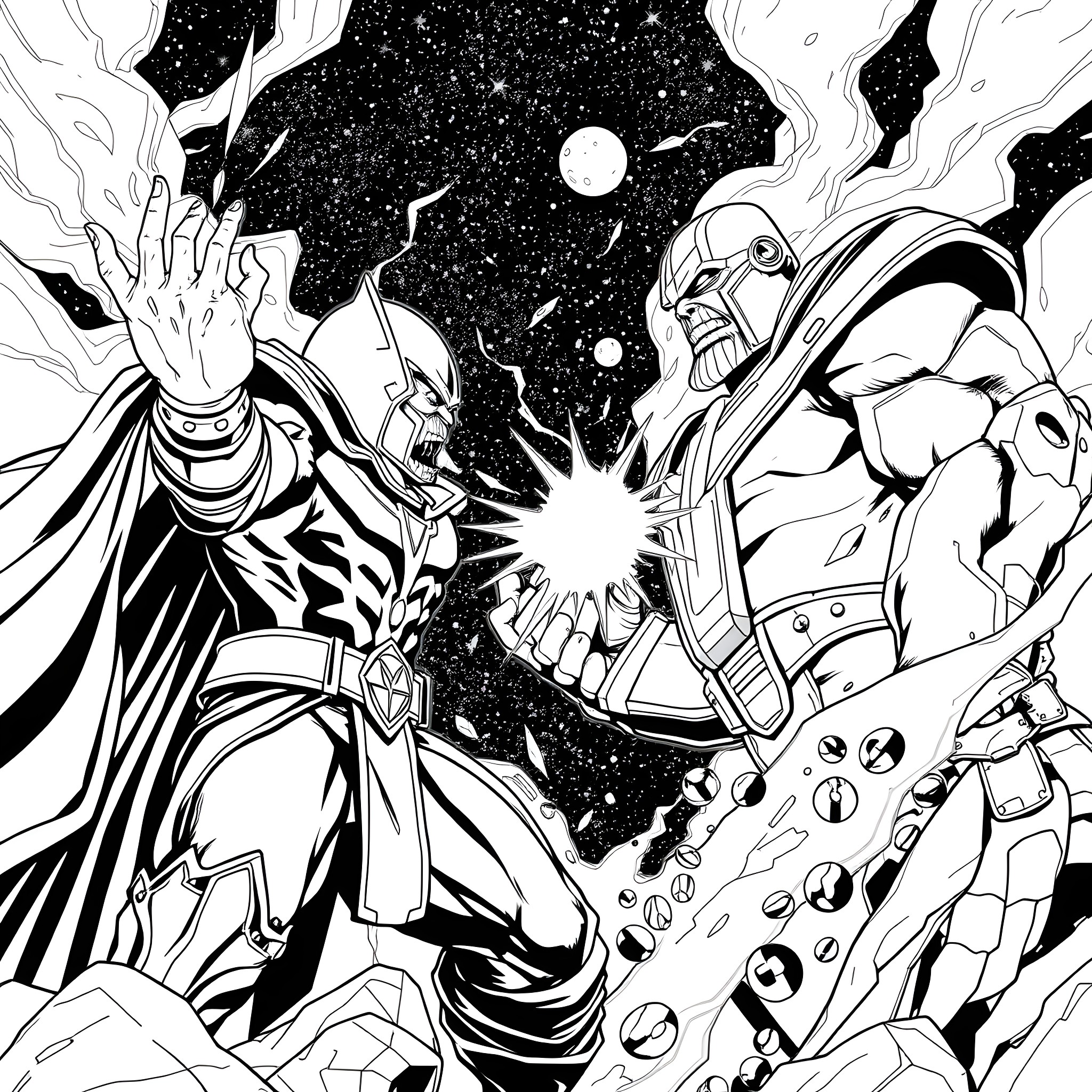 Darkseid's Cosmic Clash in the Void Coloring Page (free black-and-white line drawing printable PDF for all, from beginners to advanced learners, including children, teens, adults, and seniors)