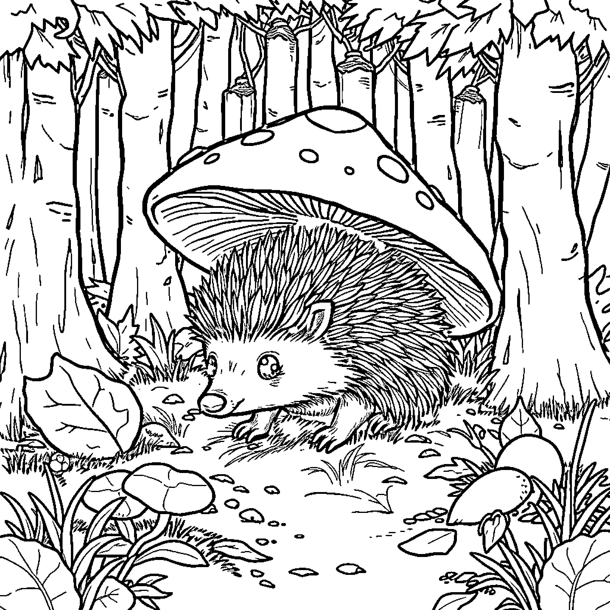 Hedgehog exploring the magical forest Coloring Page (free black-and-white line drawing printable PDF for all, from beginners to advanced learners, including children, teens, adults, and seniors)