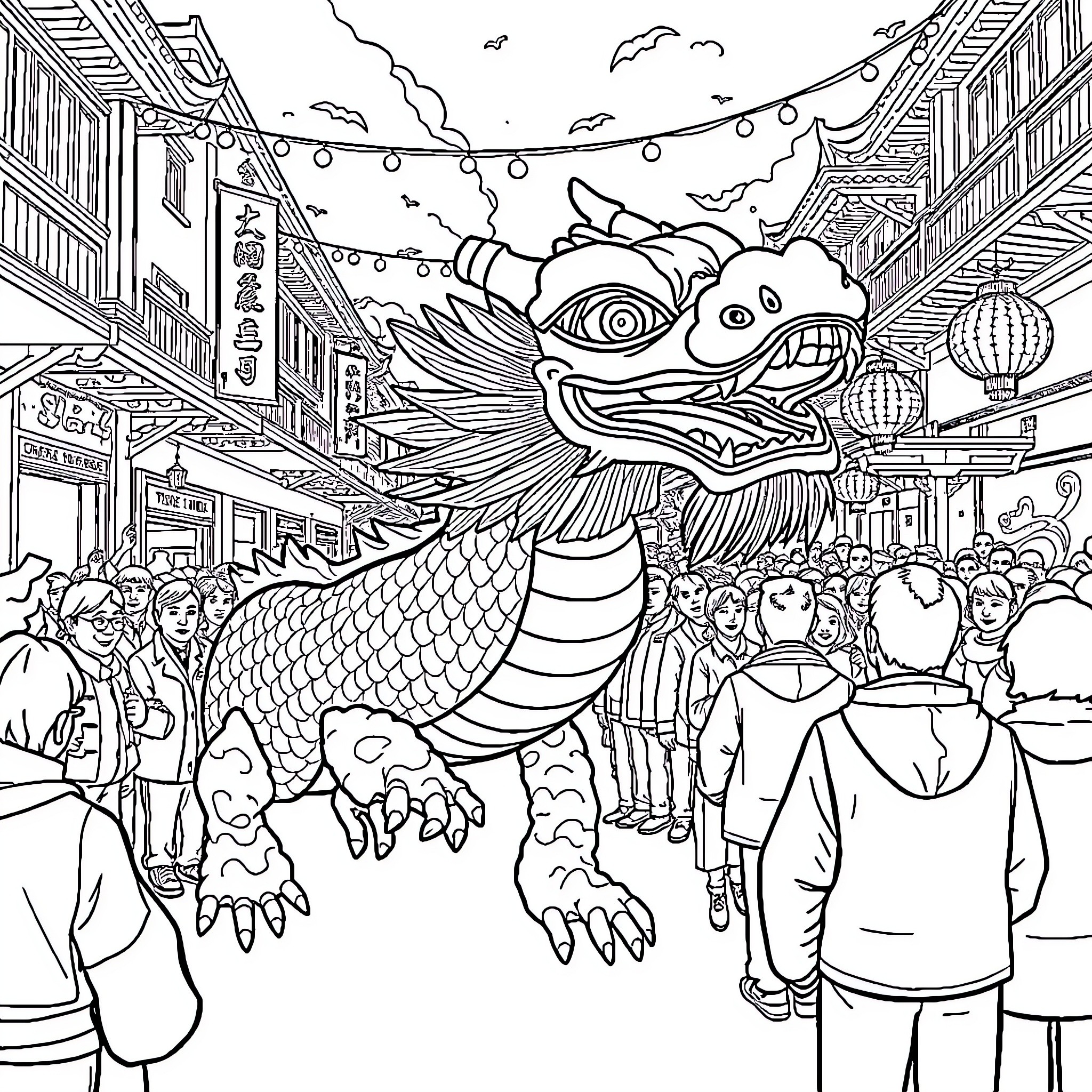 Dragon Festival in a Lively City Street Coloring Page (free black-and-white line drawing printable PDF for all, from beginners to advanced learners, including children, teens, adults, and seniors)