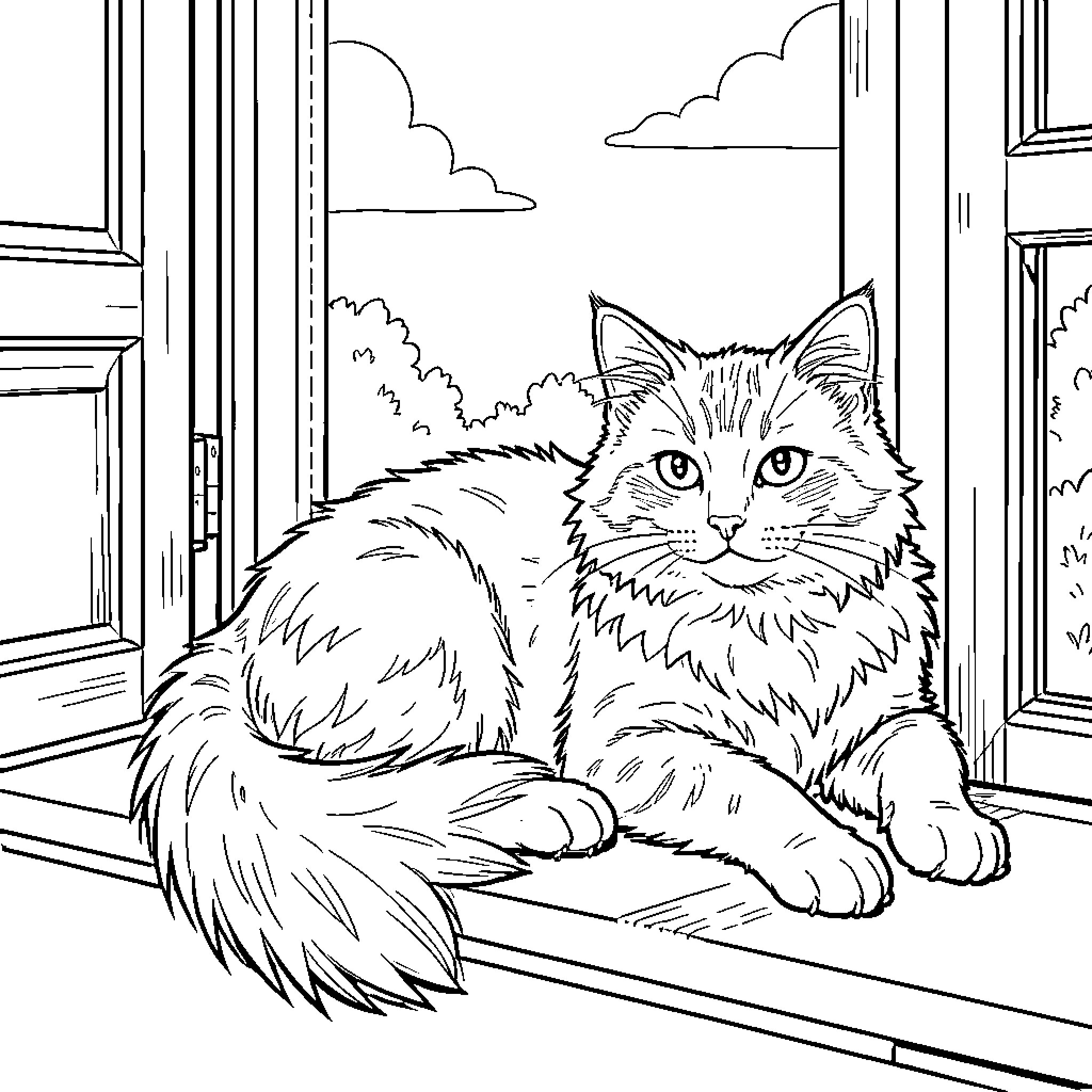 Cat Sitting by the Window Gazing Outside Coloring Page (free black-and-white line drawing printable PDF for all, from beginners to advanced learners, including children, teens, adults, and seniors)