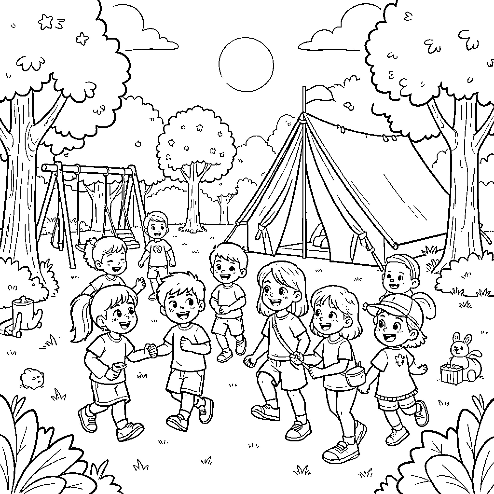 Magicampers children playing and walking near a large tent Coloring Page (free black-and-white line drawing printable PDF for all, from beginners to advanced learners, including children, teens, adults, and seniors)