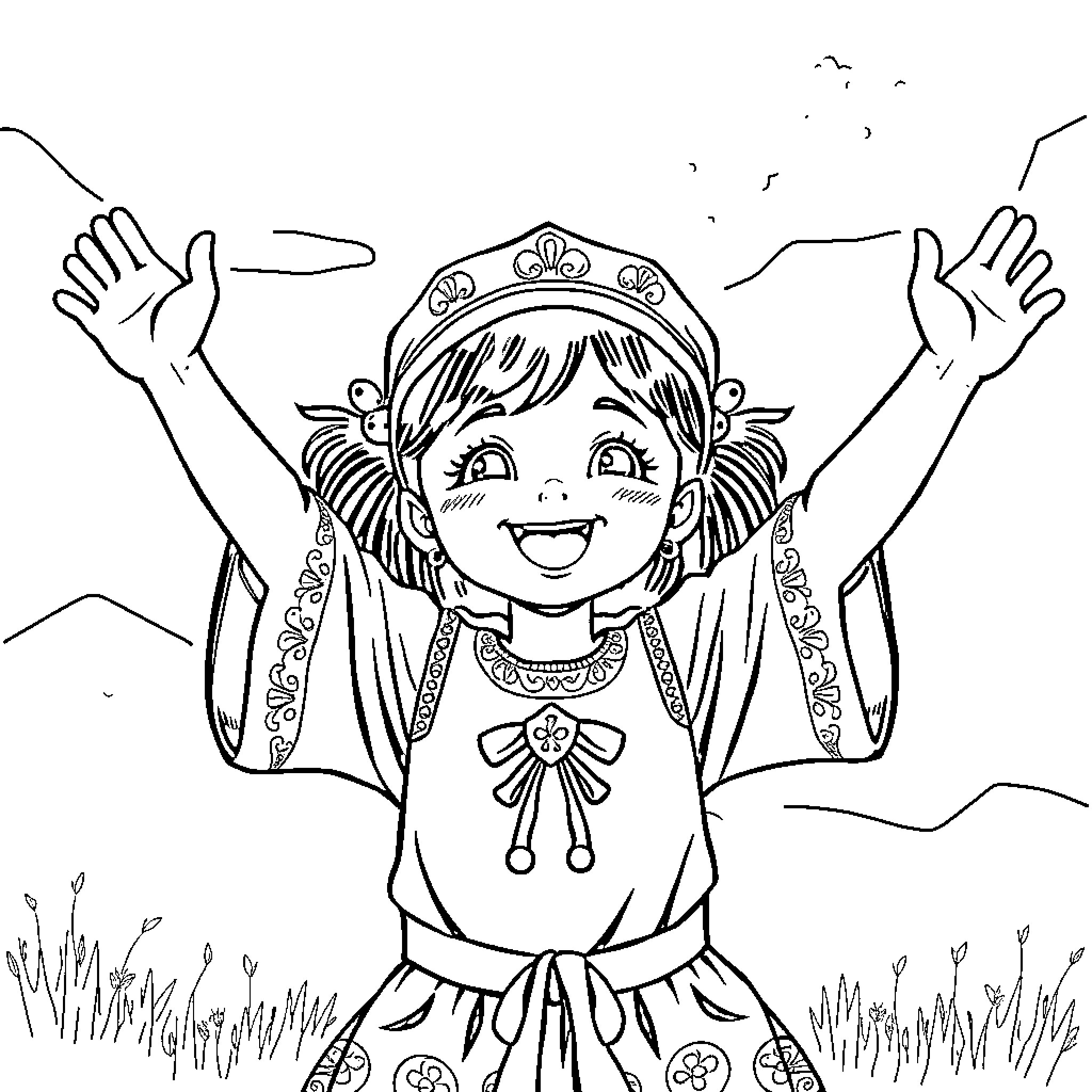 Girl joyfully raising arms in traditional costume Coloring Page (free black-and-white line drawing printable PDF for all, from beginners to advanced learners, including children, teens, adults, and seniors)