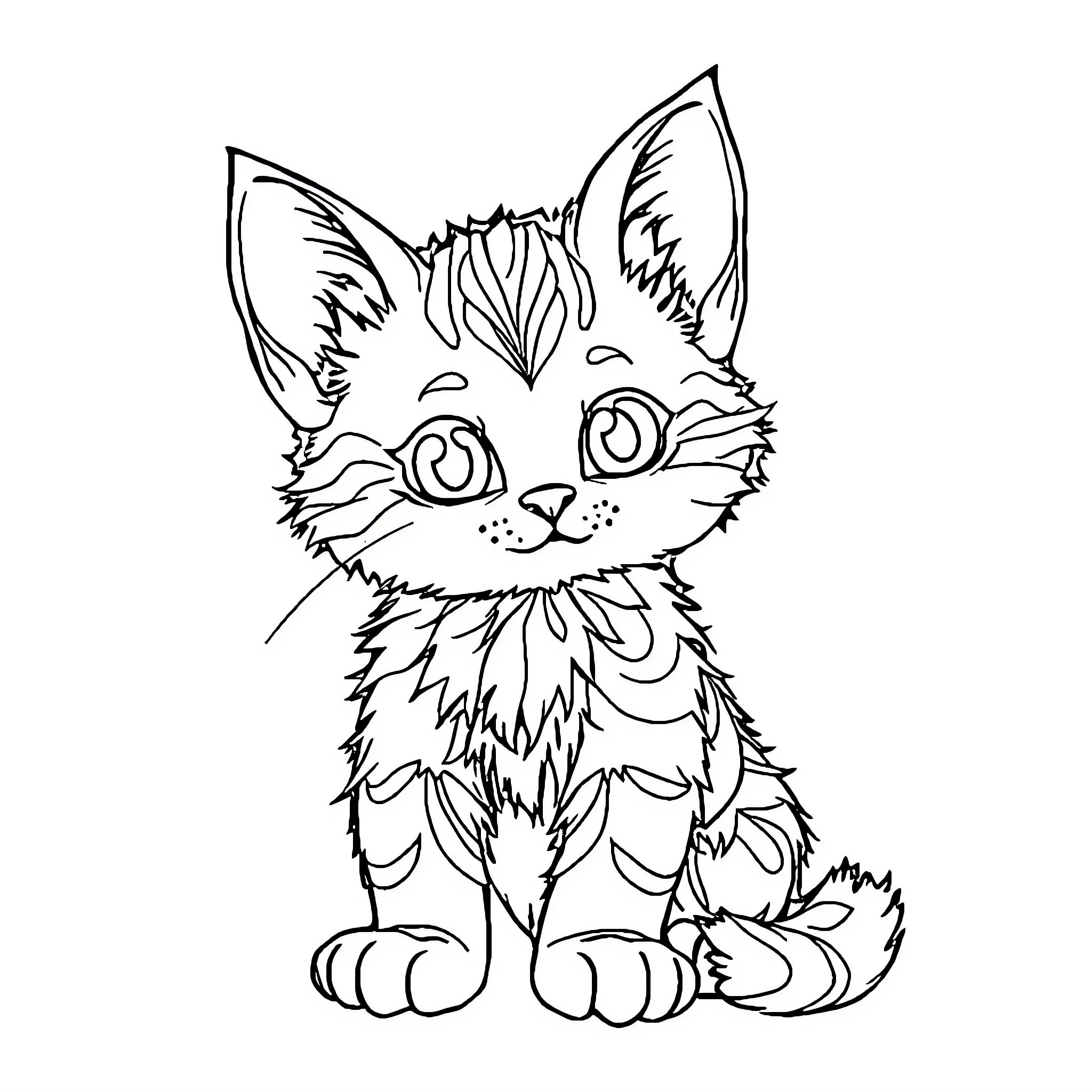 Child playing with cute furry kitten Coloring Page (free black-and-white line drawing printable PDF for all, from beginners to advanced learners, including children, teens, adults, and seniors)