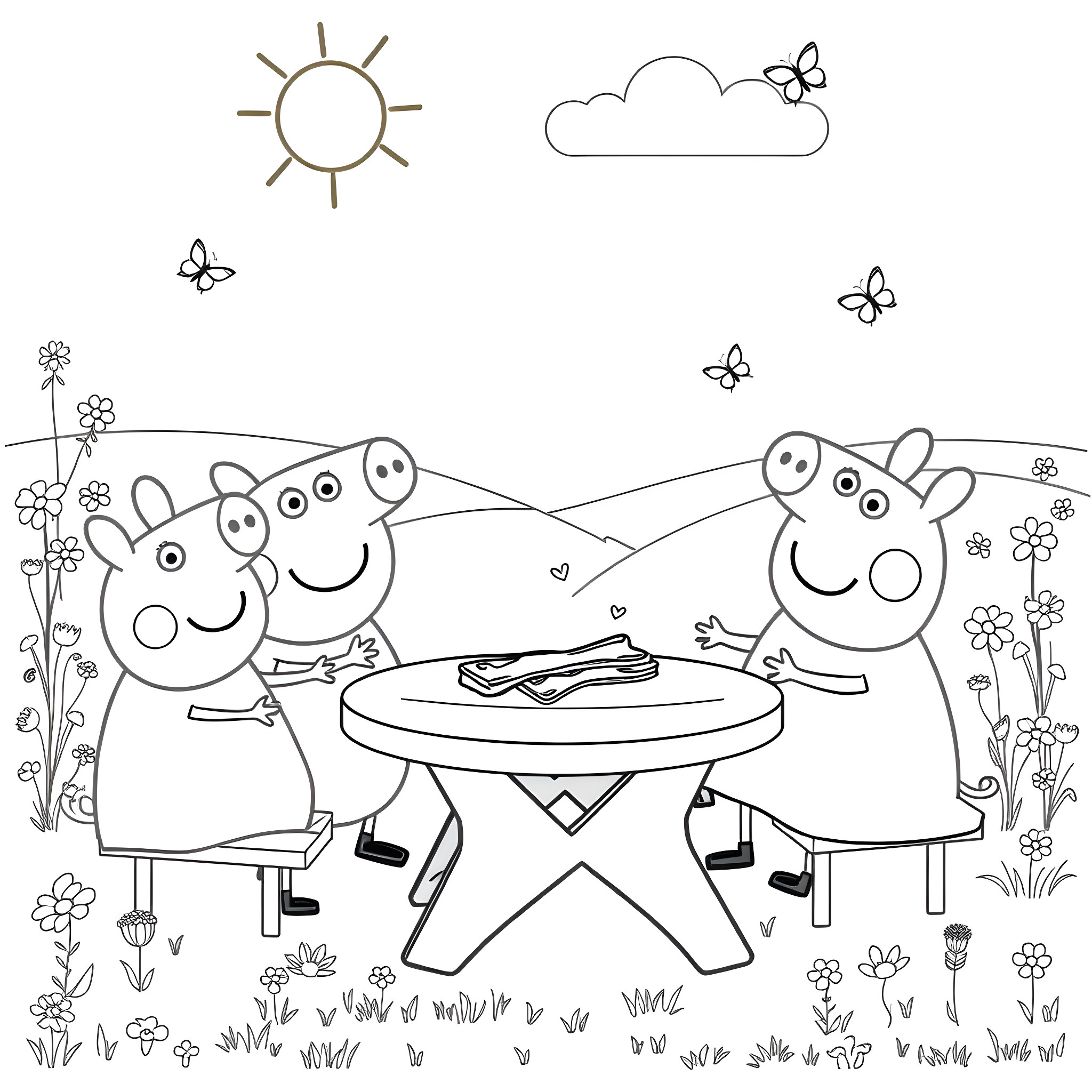 Peppa Pig and Friends Enjoying Picnic Outdoors Coloring Page (free black-and-white line drawing printable PDF for all, from beginners to advanced learners, including children, teens, adults, and seniors)