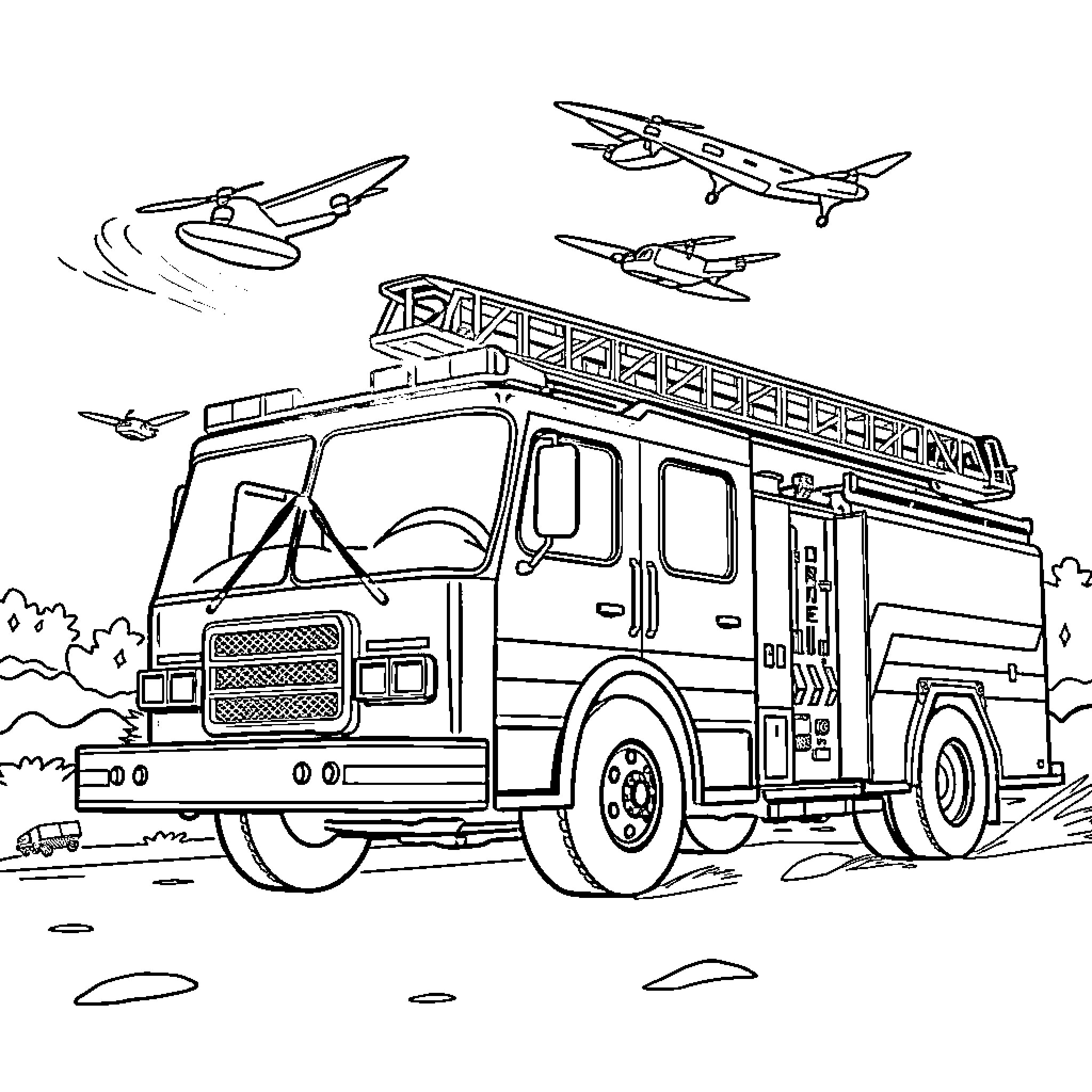 Firetruck rushing to respond to emergency with drones flying overhead Coloring Page (free black-and-white line drawing printable PDF for all, from beginners to advanced learners, including children, teens, adults, and seniors)