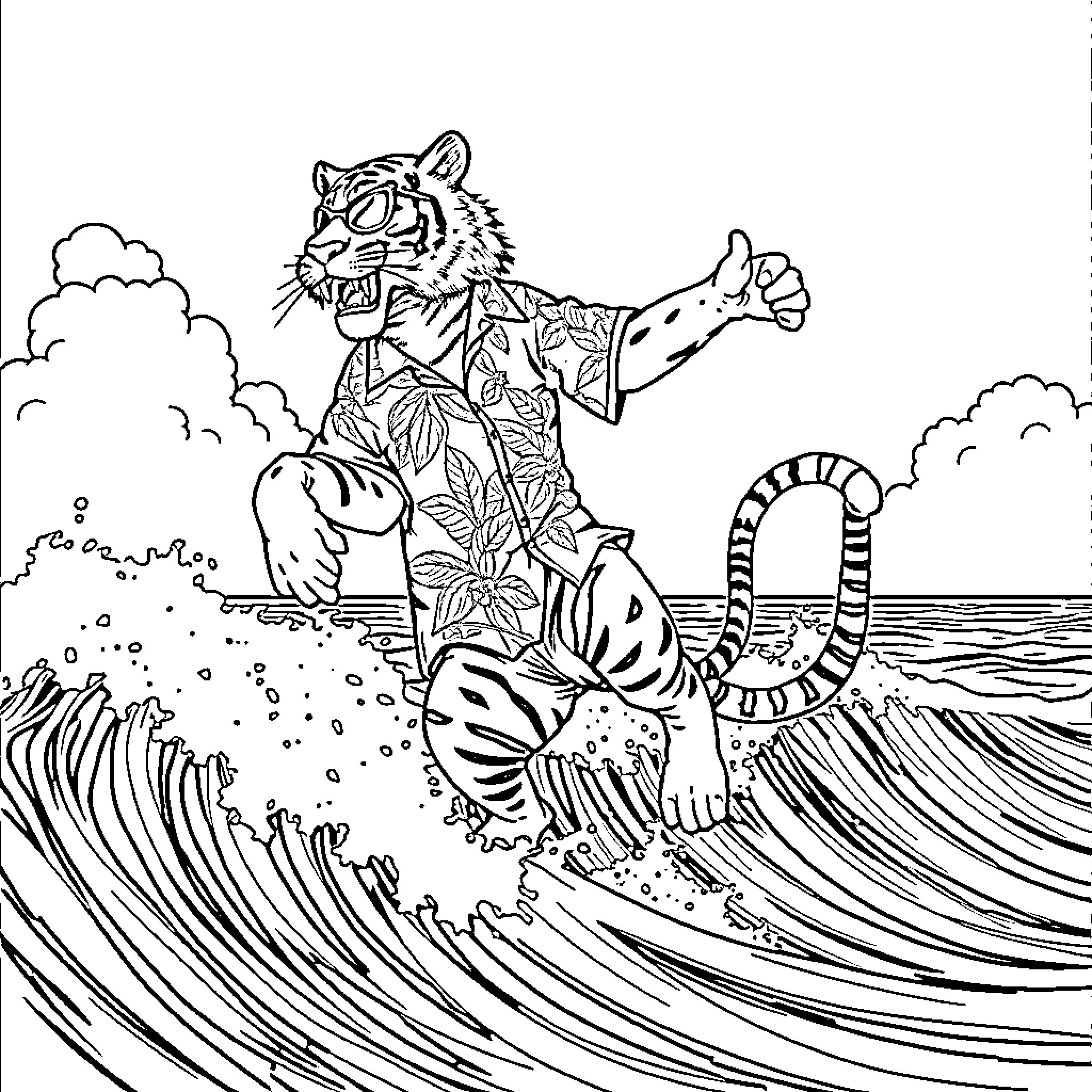 Tiger Surfing Amid Crashing Waves Coloring Page (free black-and-white line drawing printable PDF for all, from beginners to advanced learners, including children, teens, adults, and seniors)