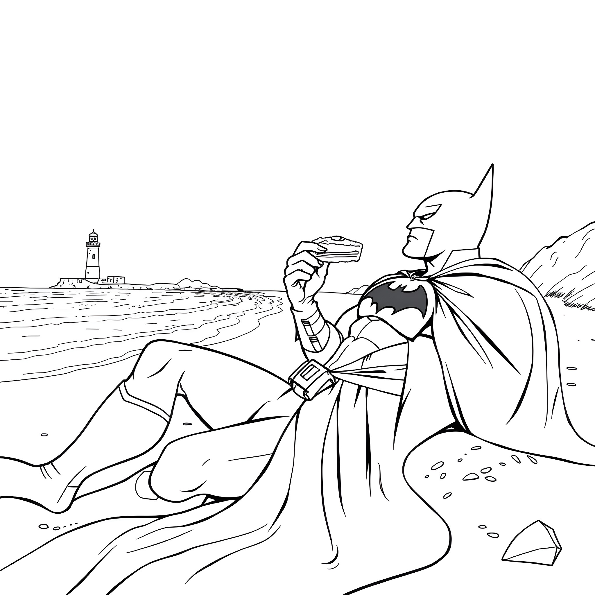 Batman relaxing on the beach with his Batarang Coloring Page (free black-and-white line drawing printable PDF for all, from beginners to advanced learners, including children, teens, adults, and seniors)