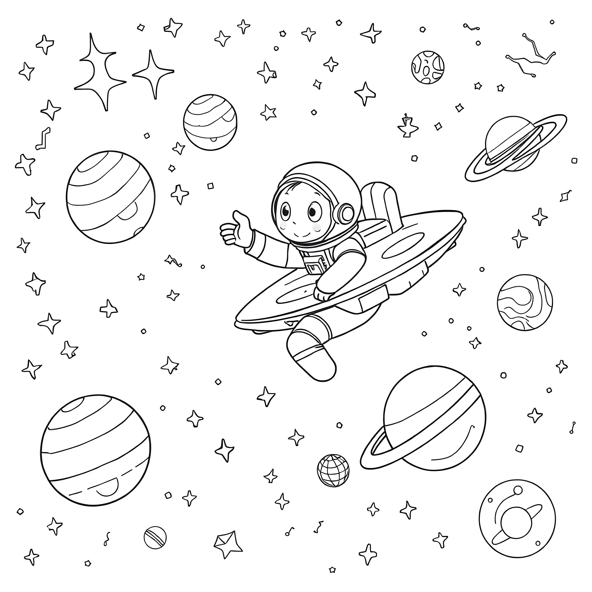 Astronaut exploring the colorful space Coloring Page (free black-and-white line drawing printable PDF for all, from beginners to advanced learners, including children, teens, adults, and seniors)