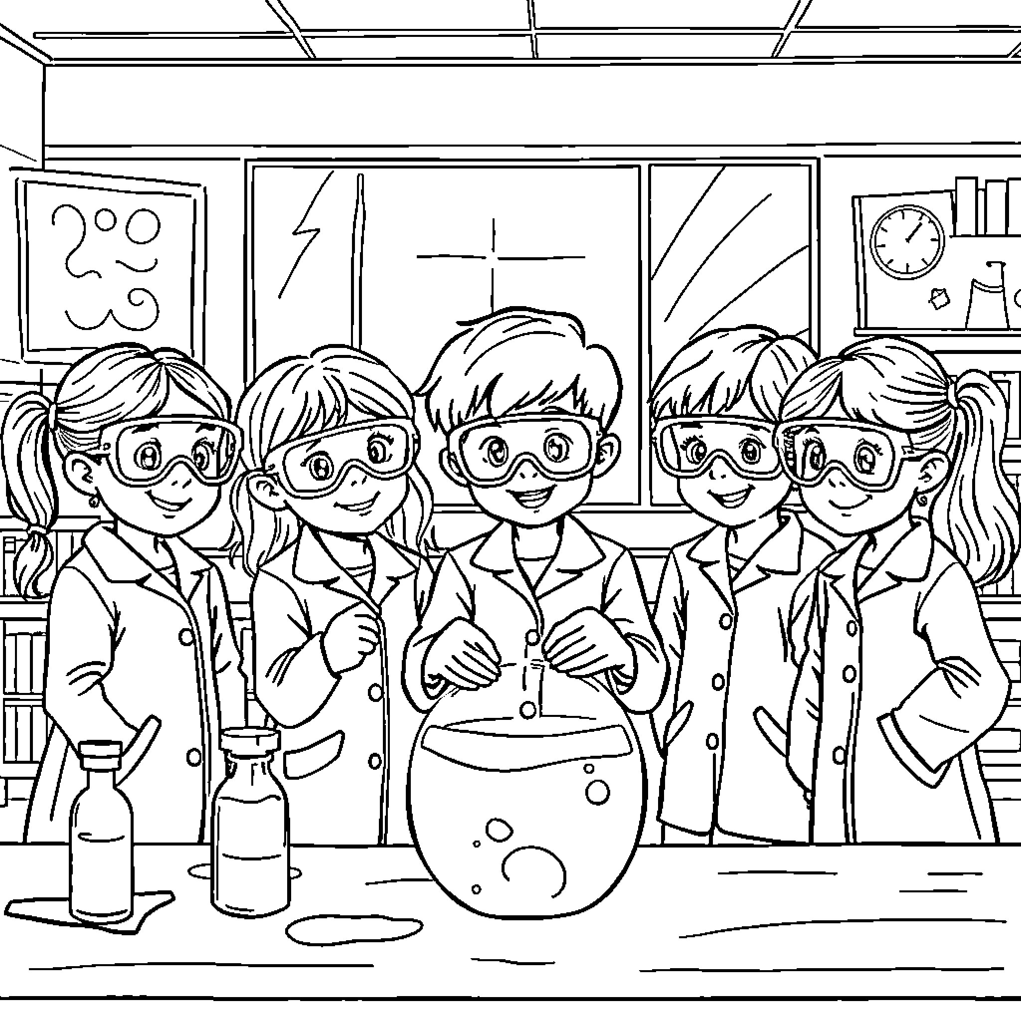 Child Scientists Conducting Experiment in Classroom Coloring Page (free black-and-white line drawing printable PDF for all, from beginners to advanced learners, including children, teens, adults, and seniors)