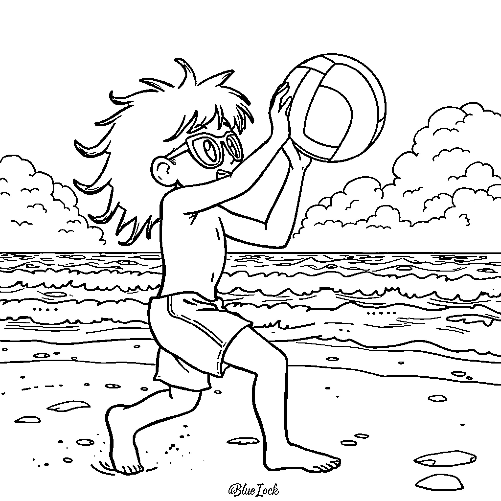 Ness enjoying a day at the beach Coloring Page (free black-and-white line drawing printable PDF for all, from beginners to advanced learners, including children, teens, adults, and seniors)