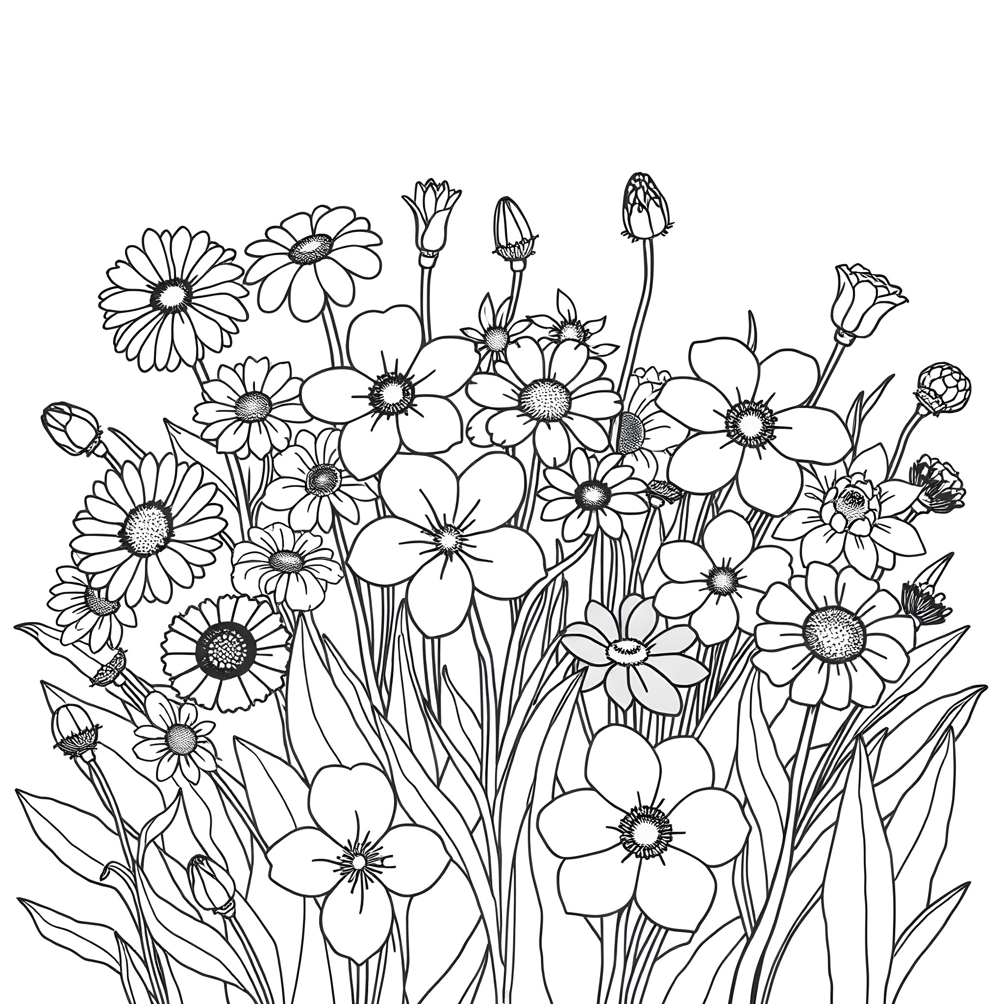 Flower garden with blooming flowers Coloring Page (free black-and-white line drawing printable PDF for all, from beginners to advanced learners, including children, teens, adults, and seniors)
