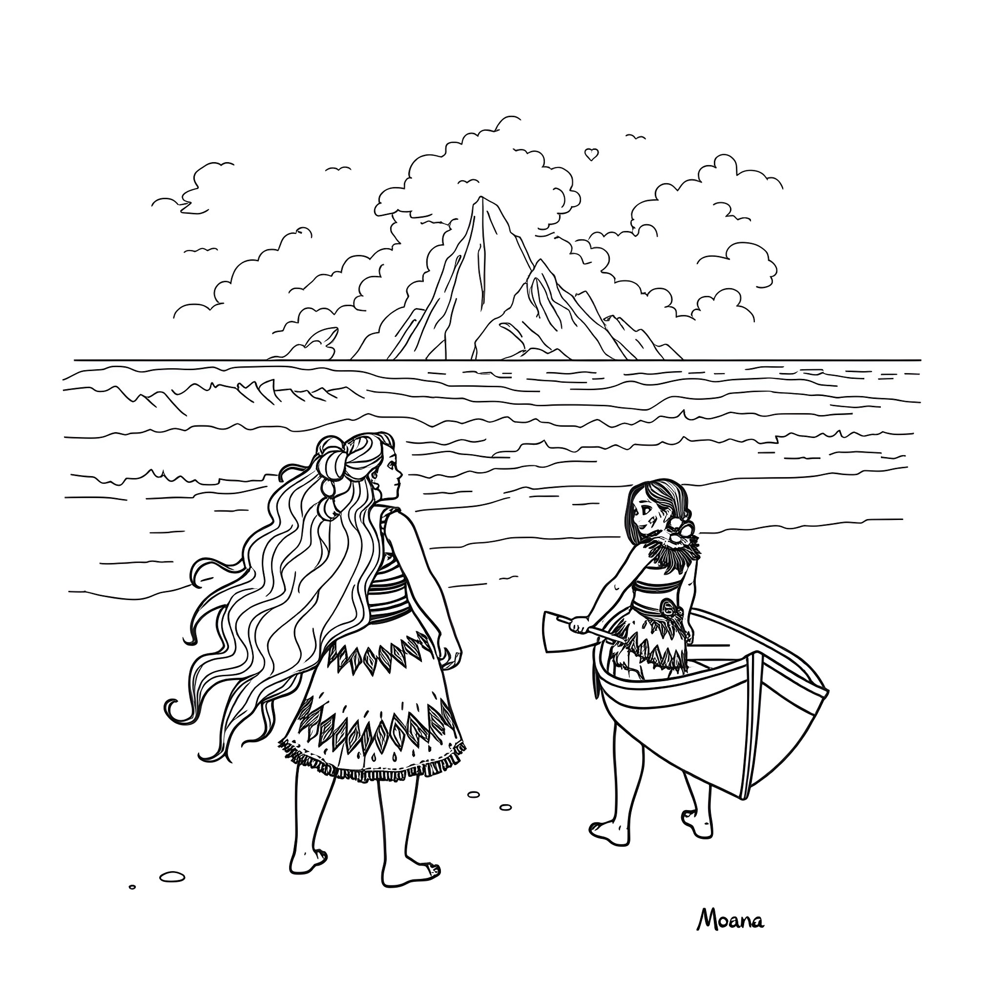 Moana and Vaiana exploring the ocean and island Coloring Page (free black-and-white line drawing printable PDF for all, from beginners to advanced learners, including children, teens, adults, and seniors)