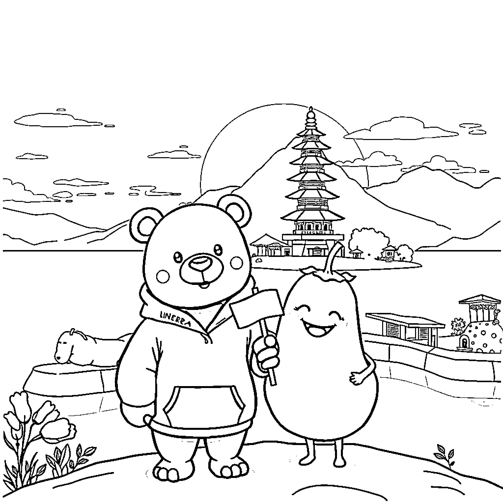 Bear and friend explore scenic temple grounds Coloring Page (free black-and-white line drawing printable PDF for all, from beginners to advanced learners, including children, teens, adults, and seniors)