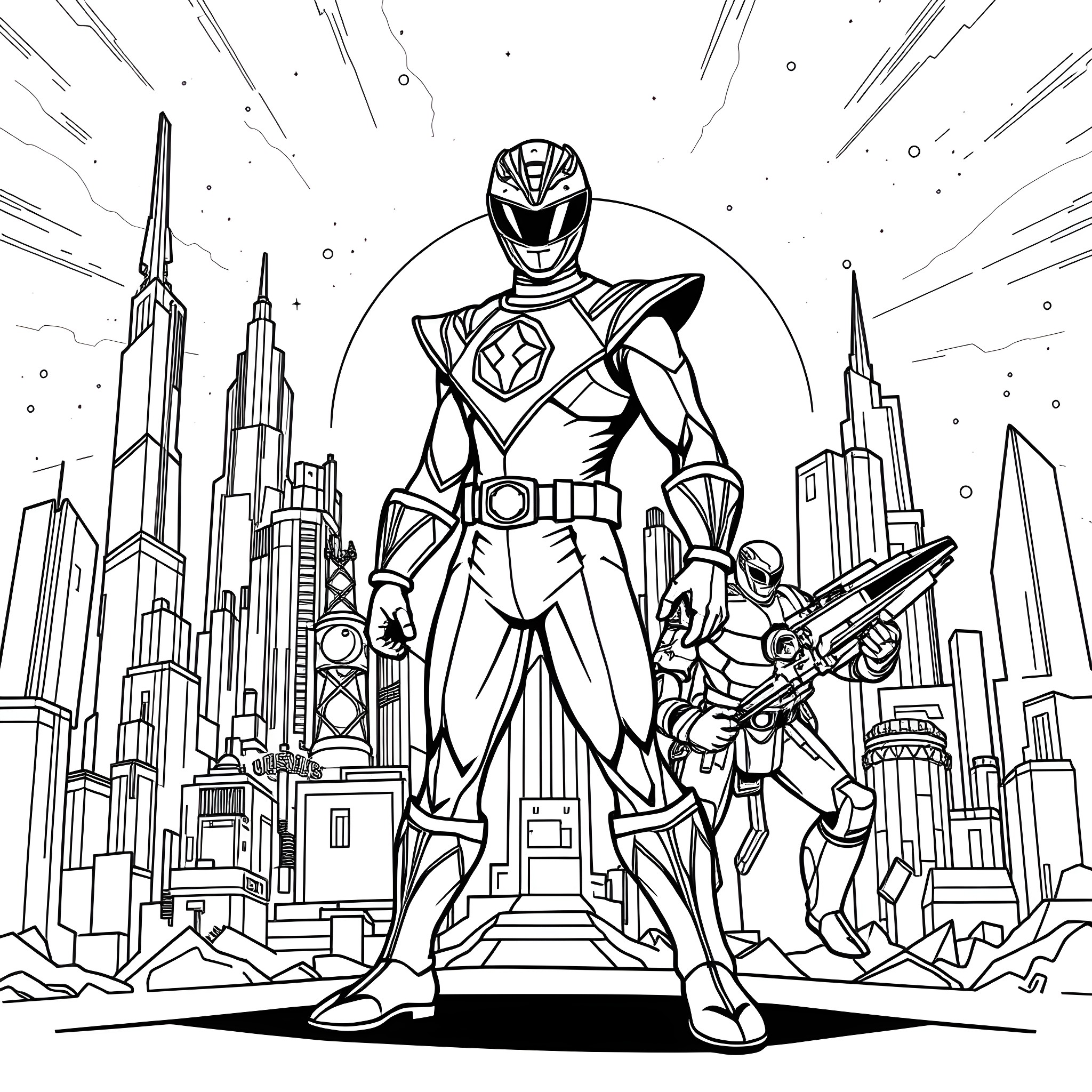 Power Ranger Heroic Stance in Futuristic City Coloring Page (free black-and-white line drawing printable PDF for all, from beginners to advanced learners, including children, teens, adults, and seniors)