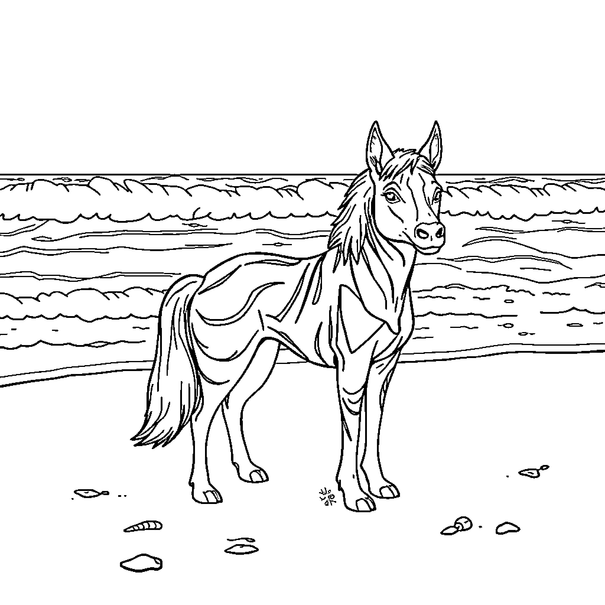Huntrix Stallion Standing on Shore Coloring Page (free black-and-white line drawing printable PDF for all, from beginners to advanced learners, including children, teens, adults, and seniors)