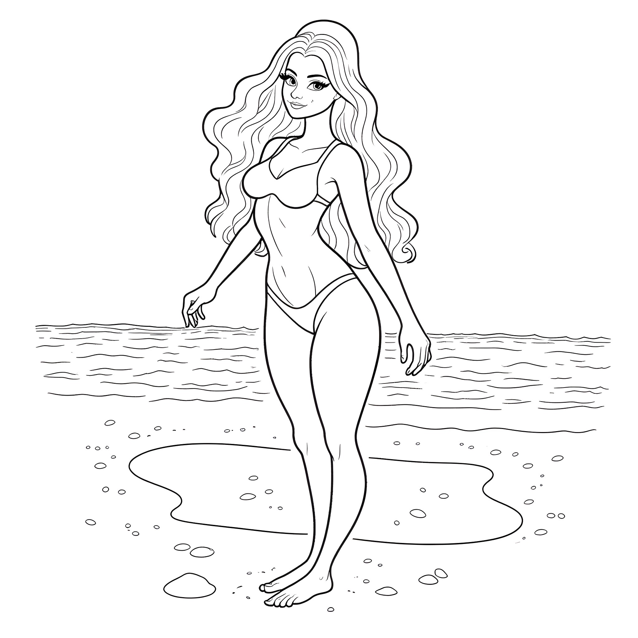 Sydney Sweeney posing by the beach in swimwear Coloring Page (free black-and-white line drawing printable PDF for all, from beginners to advanced learners, including children, teens, adults, and seniors)