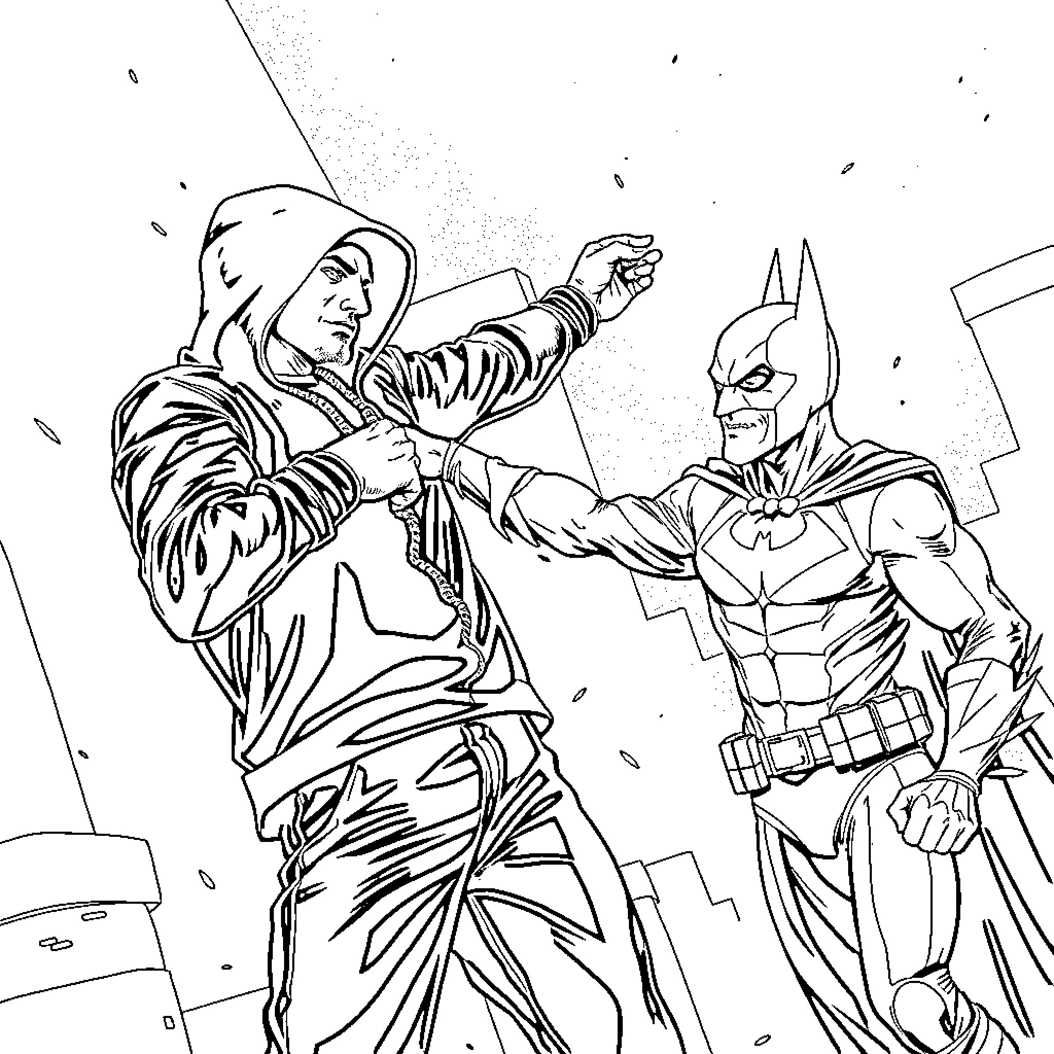 Eminem facing off against Batman in intense confrontation Coloring Page (free black-and-white line drawing printable PDF for all, from beginners to advanced learners, including children, teens, adults, and seniors)