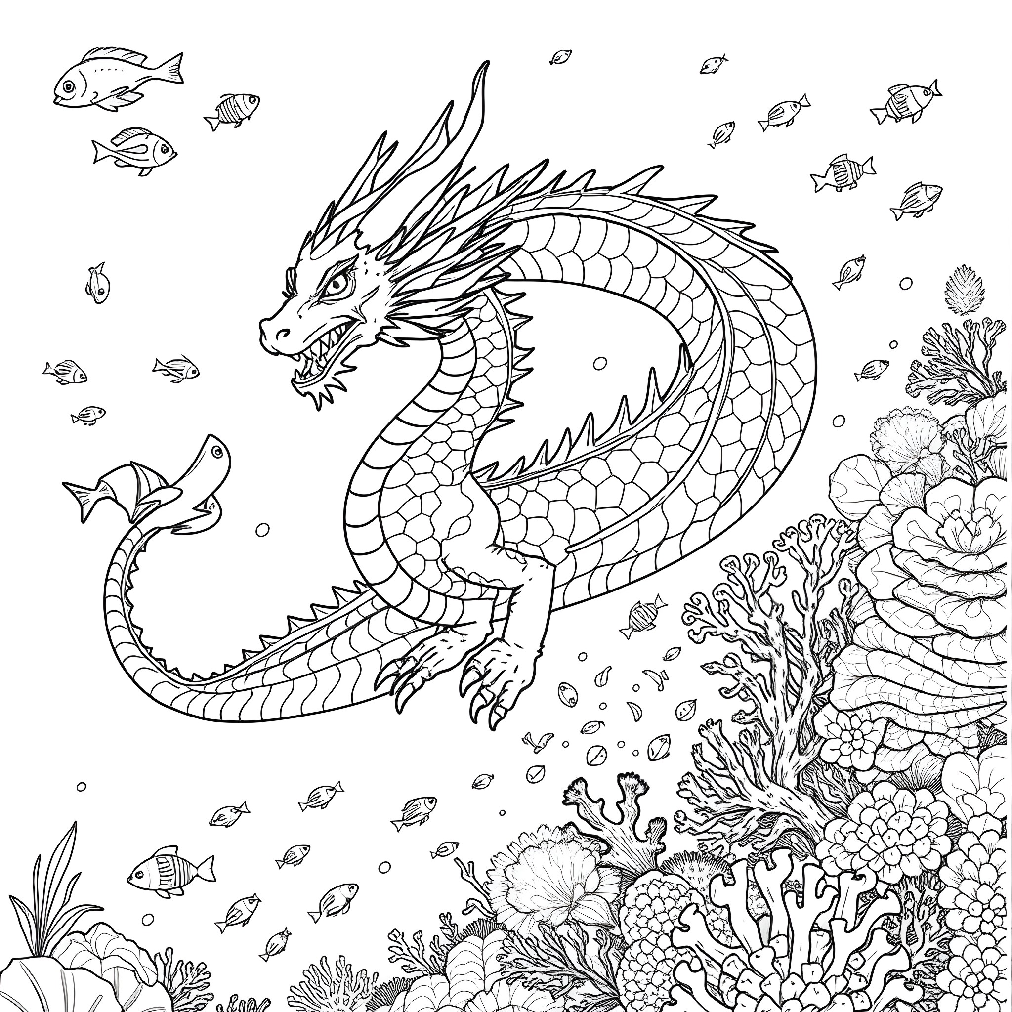Dragon swimming gracefully among underwater sea creatures Coloring Page (free black-and-white line drawing printable PDF for all, from beginners to advanced learners, including children, teens, adults, and seniors)