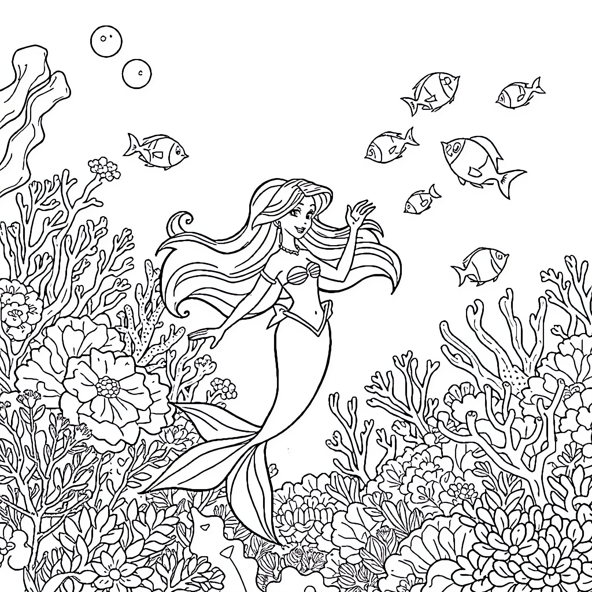 Mermaid exploring vibrant underwater world Coloring Page (free black-and-white line drawing printable PDF for all, from beginners to advanced learners, including children, teens, adults, and seniors)